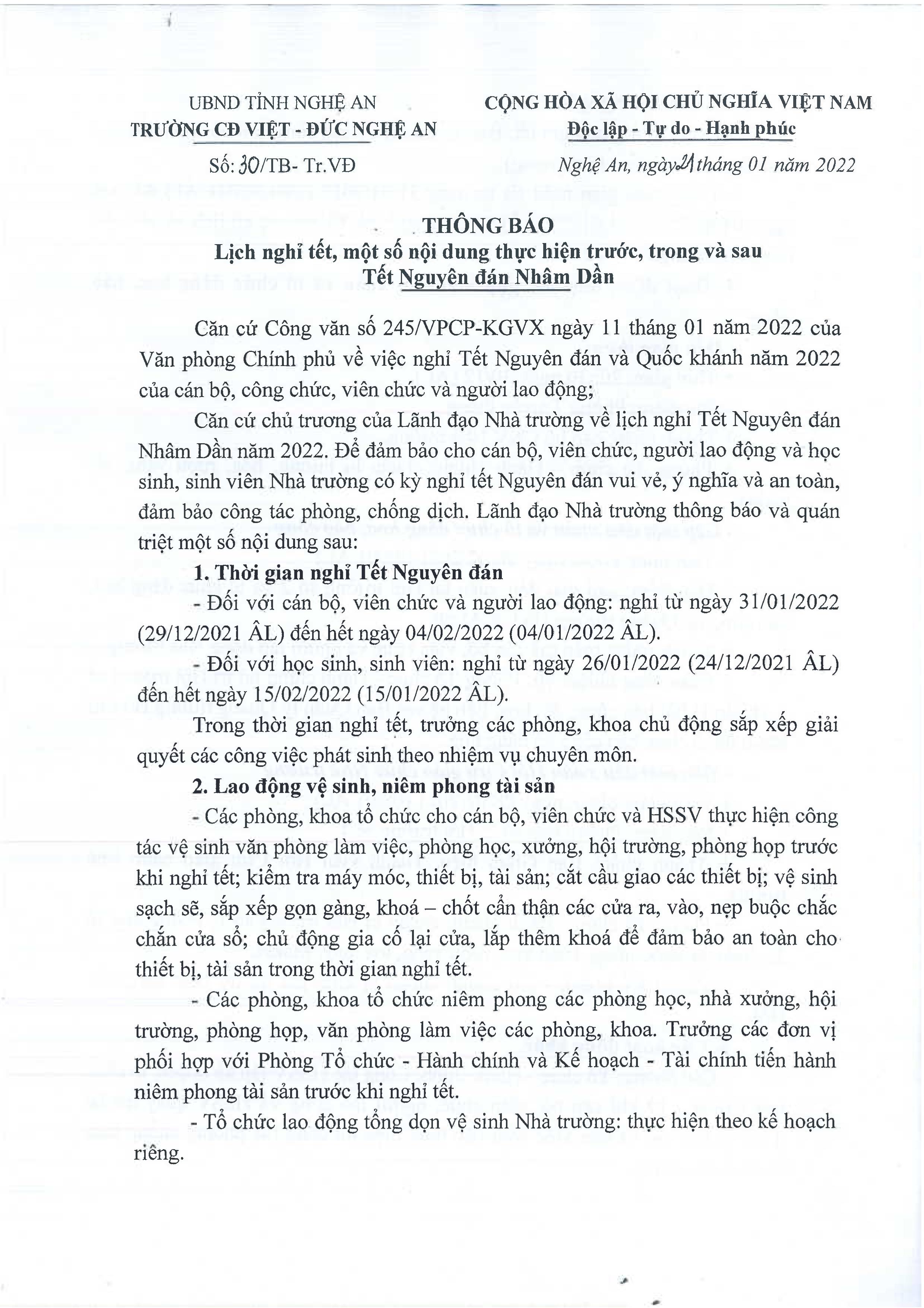 Thông báo số 30/TB-Tr.VĐ ngày 21/01/2022 của Trường Cao đẳng Việt - Đức Nghệ An về Lịch nghỉ tết, một số nội dung thực hiện trước, trong và sau Tết Nguyên đán Nhâm Dần