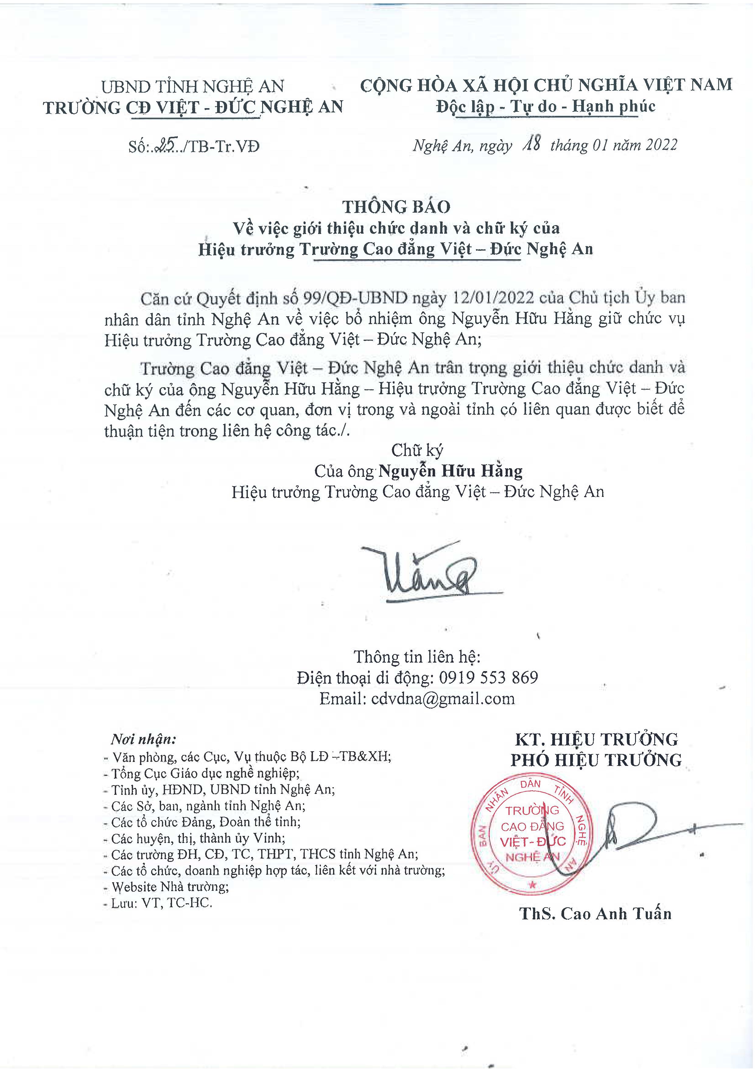 Thông báo số 25/TB-Tr.VĐ ngày 18/01/2022 của Trường Cao đẳng Việt - Đức Nghệ An về việc giới thiệu chức danh và chữ ký của Hiệu trưởng Trường Cao đẳng Việt - Đức Nghệ An
