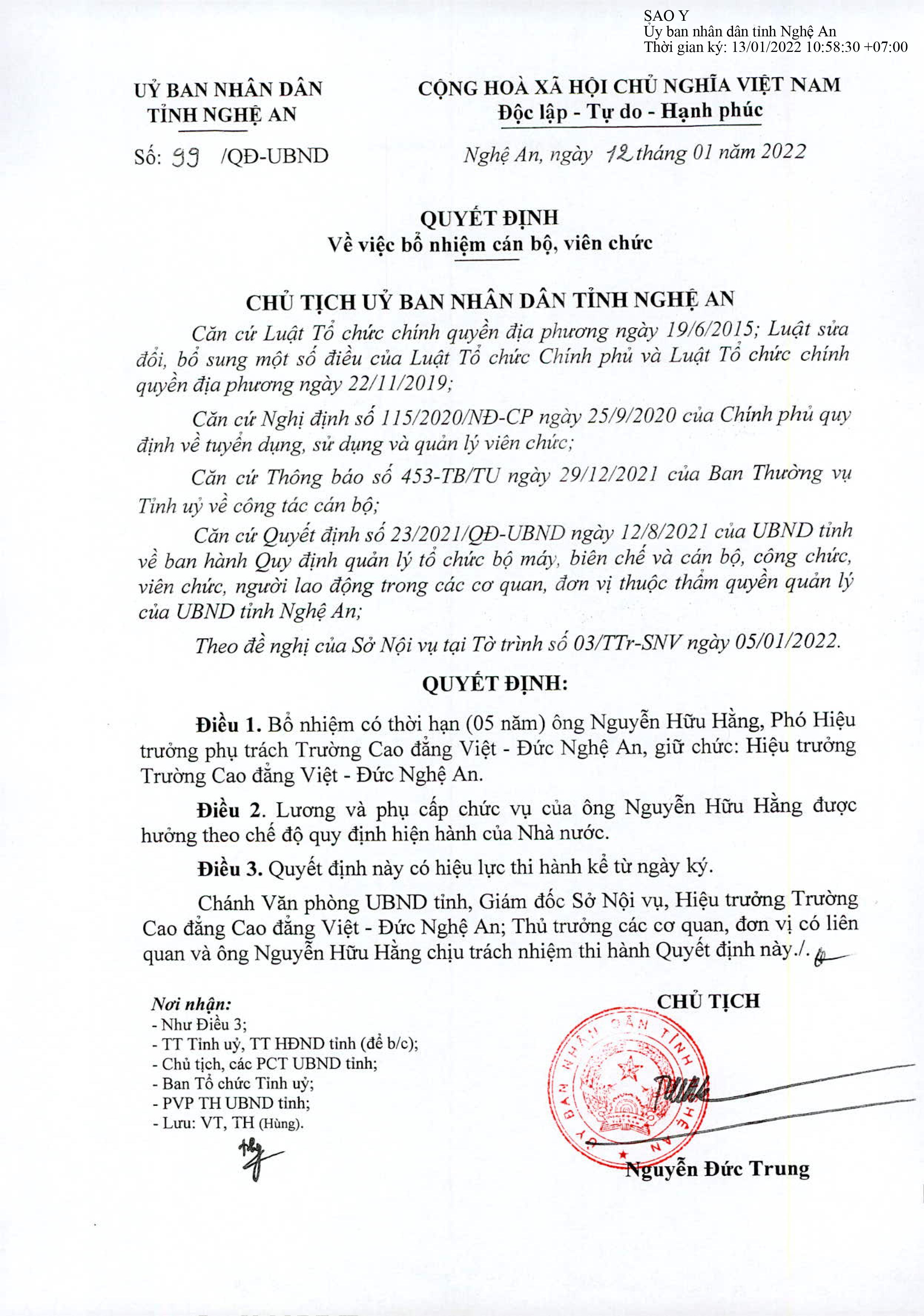 Quyết định số 99/QĐ-UBND ngày 12/01/2022 của UBND tỉnh Nghệ An về việc bổ nhiệm cán bộ, viên chức