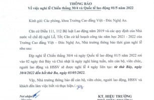 Thông báo số 146/TB-Tr.VĐ ngày 26/4/2022 của Trường Cao đẳng Việt - Đức Nghệ An về việc nghỉ Lễ Chiến thắng 30/4 và Quốc tế Lao động 01/5 năm 2022