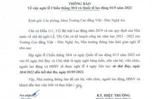 Thông báo số 146/TB-Tr.VĐ ngày 26/4/2022 của Trường Cao đẳng Việt - Đức Nghệ An về việc nghỉ Lễ Chiến thắng 30/4 và Quốc tế Lao động 01/5 năm 2022