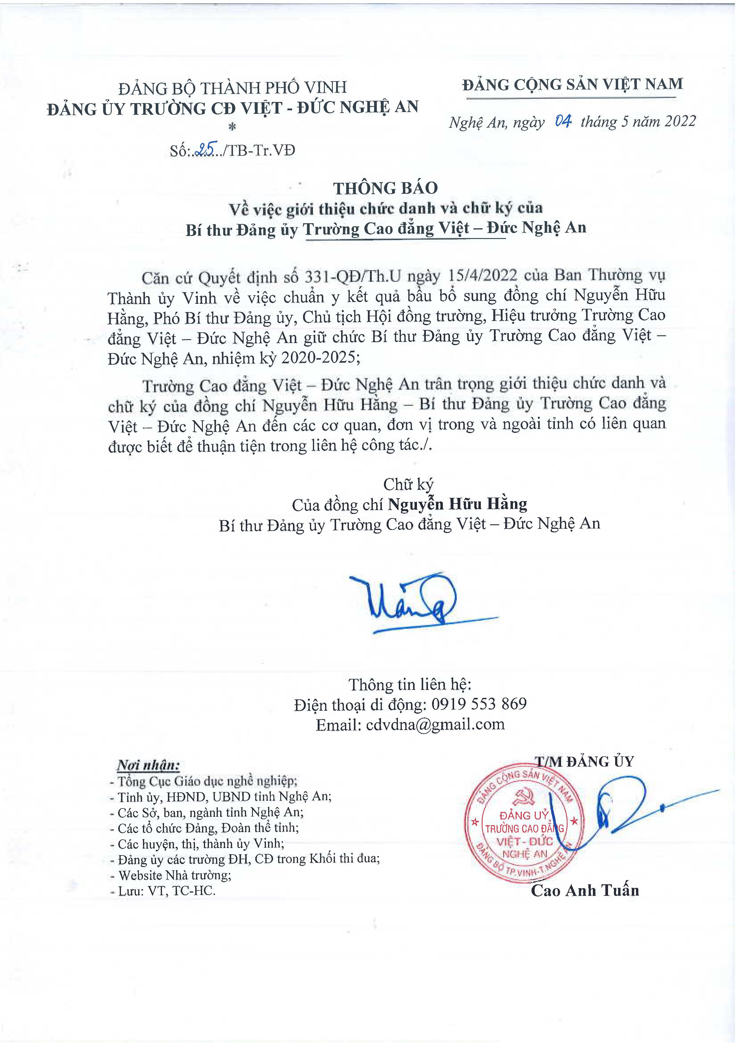  Thông báo số 25/TB-Tr.VĐ ngày 04/5/2022 của Đảng ủy Trường Cao đẳng Việt - Đức Nghệ An về việc giới thiệu chức danh và chữ ký của Bí thư Đảng ủy Trường Cao đẳng Việt - Đức Nghệ An