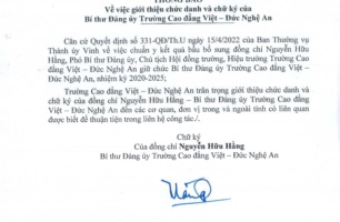 Thông báo số 25/TB-Tr.VĐ ngày 04/5/2022 của Đảng ủy Trường Cao đẳng Việt - Đức Nghệ An về việc giới thiệu chức danh và chữ ký của Bí thư Đảng ủy Trường Cao đẳng Việt - Đức Nghệ An