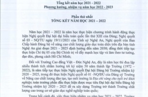 Báo cáo số 352/BC-Tr.VĐ ngày 19/8/2022 của Trường Cao đẳng Việt - Đức Nghệ An Báo cáo Tổng kết năm học 2021 - 2022 Phương hướng nhiệm vụ năm học 2022 - 2023