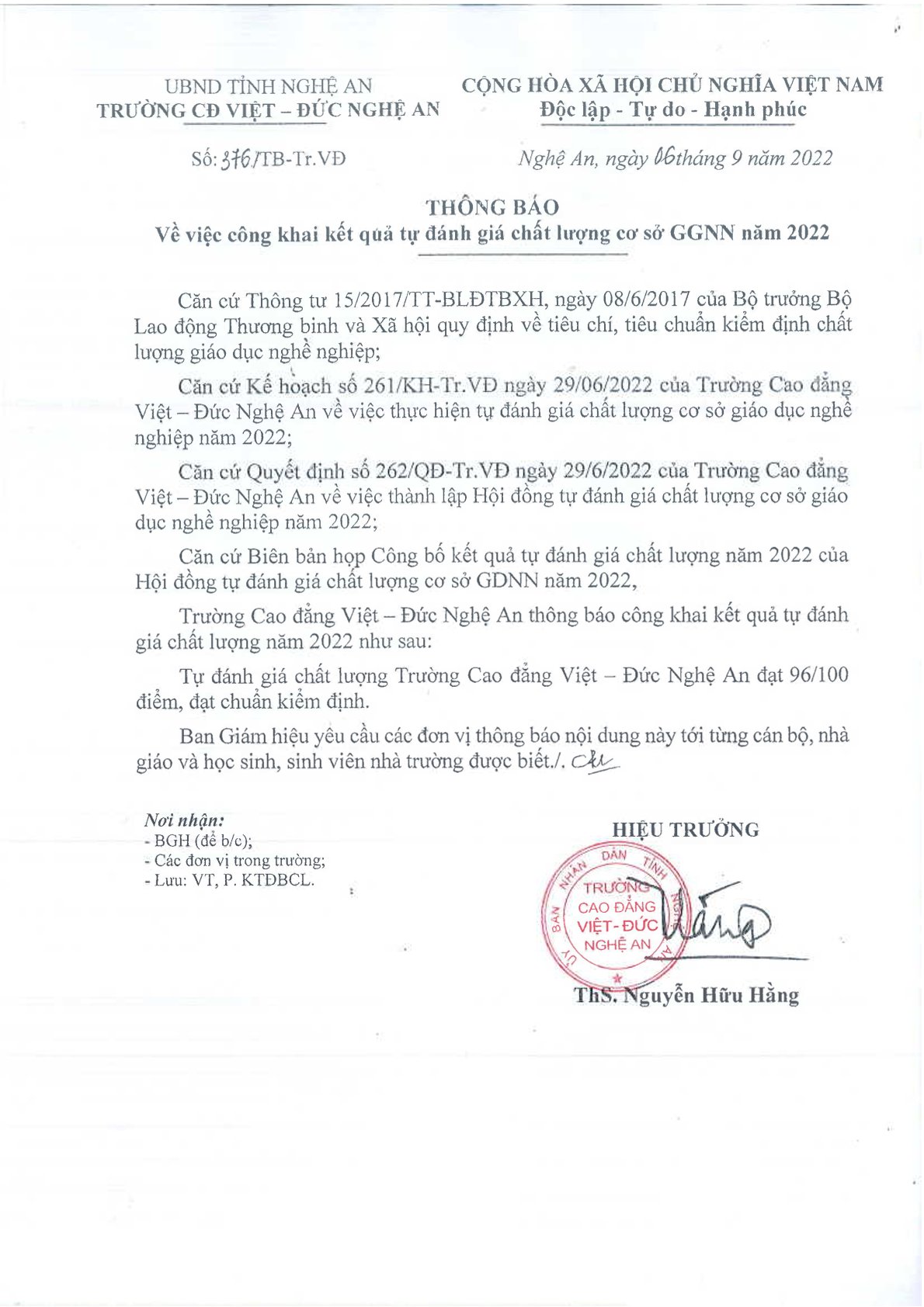 Thông báo số 376/TB-Tr.VĐ ngày 06/9/2022 của Trường Cao đẳng Việt - Đức Nghệ An về việc Công khai kết quả tự đánh giá chất lượng cơ sở GDNN năm 2022