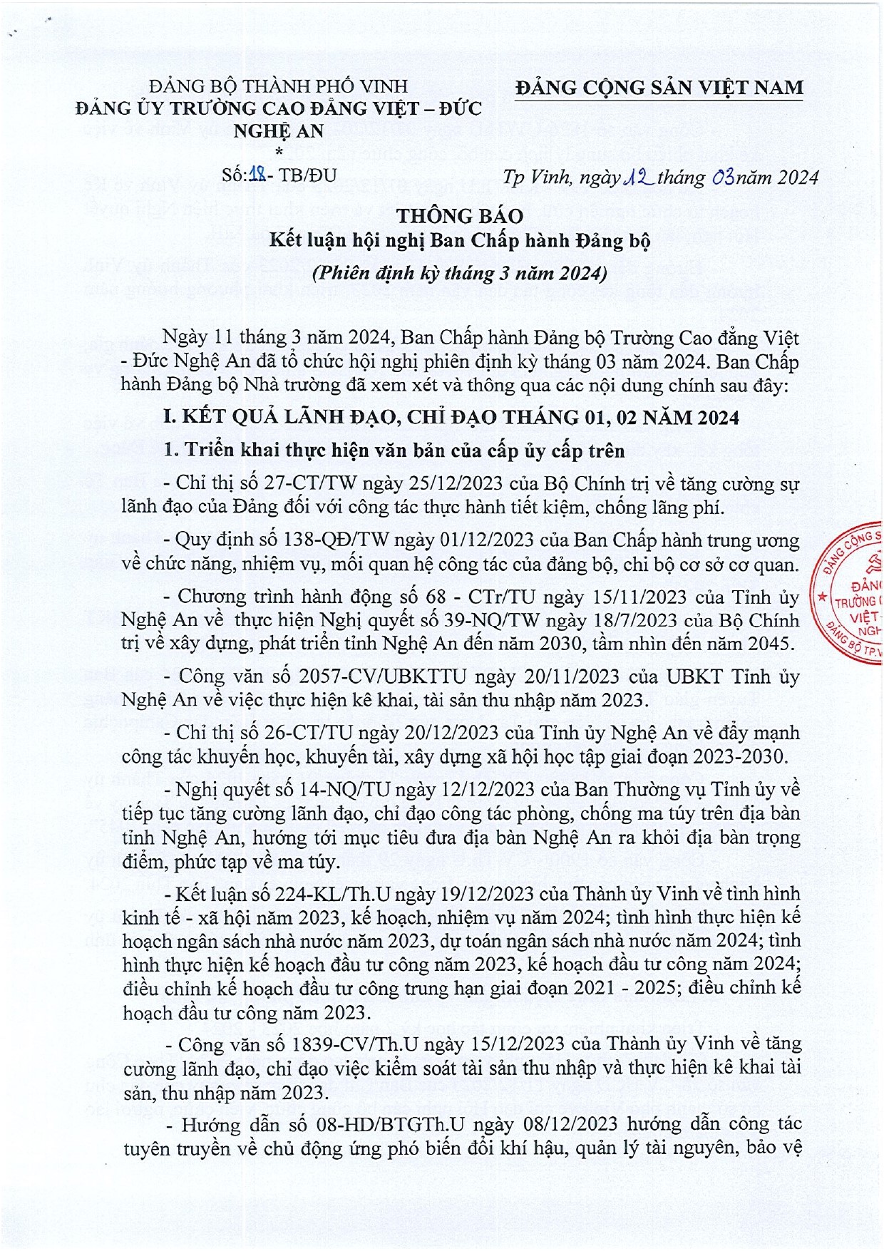 Thông báo số 18-TB/ĐU của Đảng ủy Trường Cao đẳng Việt - Đức Nghệ An về Kết luận Hội nghị Ban Chấp hành Đảng bộ, phiên định kỳ tháng 3 năm 2024