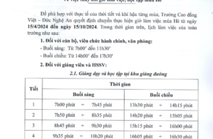 Thông báo số 137/TB-Tr.VĐ của Trường Cao đẳng Việt - Đức Nghệ An về việc thay đổi giờ làm việc, học tập mùa hè
