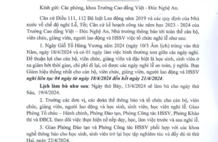 Thông báo số 136/TB-Tr.VĐ của Trường Cao đẳng Việt - Đức Nghệ An về việc nghỉ Lễ Giỗ Tổ Hùng Vương năm 2024