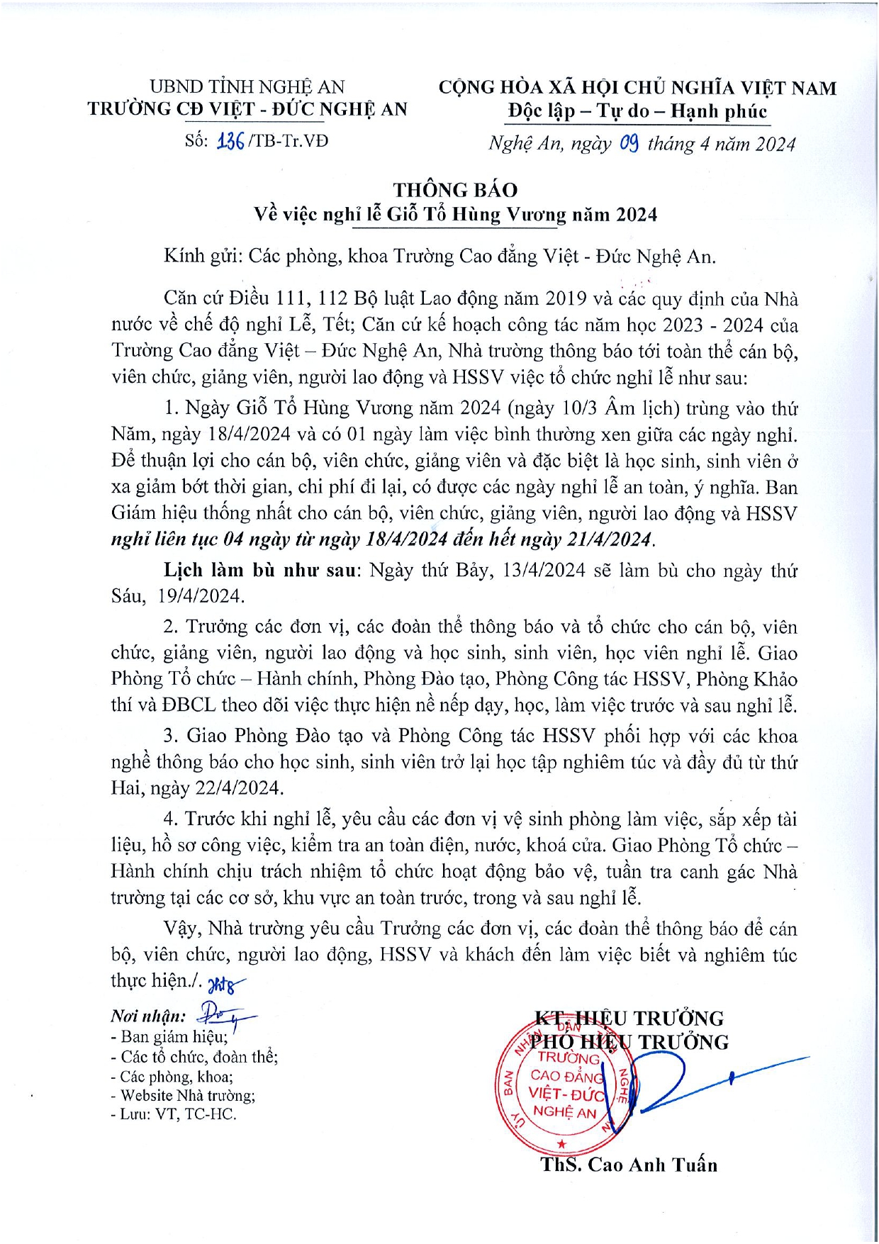 Thông báo số 136/TB-Tr.VĐ của Trường Cao đẳng Việt - Đức Nghệ An về việc nghỉ Lễ Giỗ Tổ Hùng Vương năm 2024