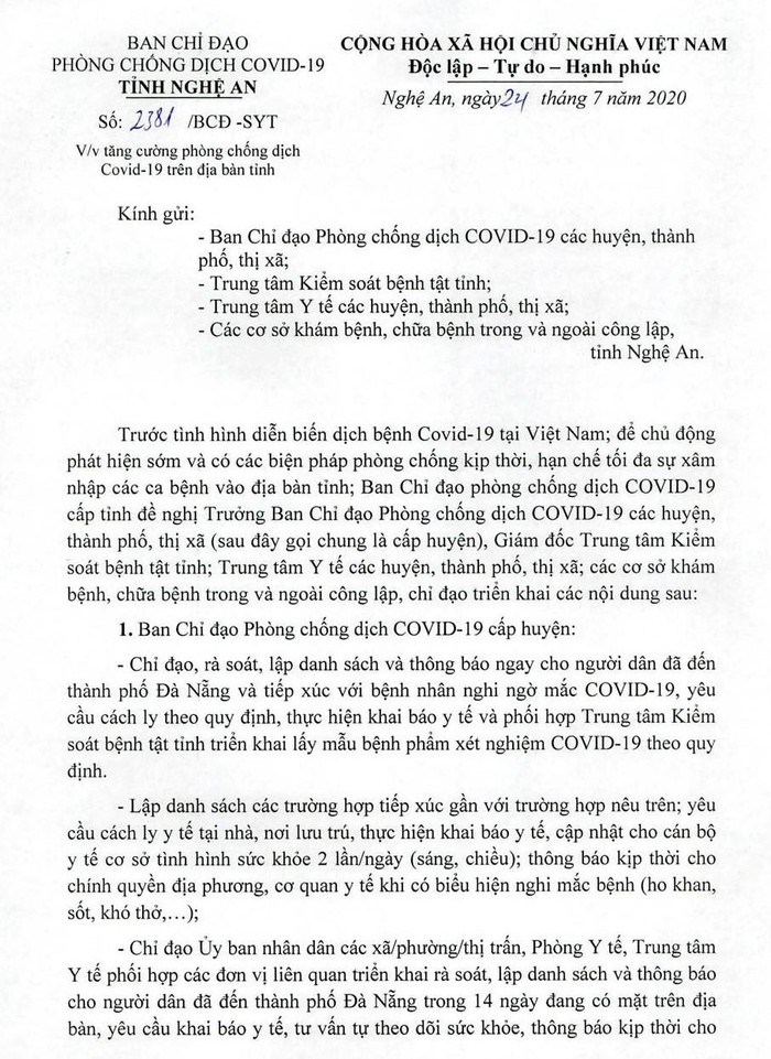 Nghệ An yêu cầu những người đã đến Đà Nẵng trong 14 ngày qua khai báo y tế