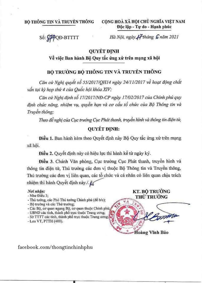 Quyết định về việc ban hành Bộ quy tắc ứng xử trên mạng xã hội