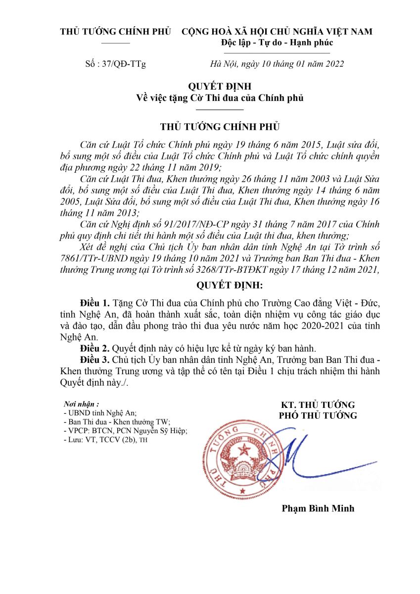 Quyết định số 37/QĐ-TTg ngày 10/01/2022 của Thủ tướng Chính phủ về việc tặng Cờ Thi đua của Chính phủ cho Trường Cao đẳng Việt - Đức Nghệ An đã hoàn thành xuất sắc, toàn diện nhiệm vụ công tác giáo dục và đào tạo, dẫn đầu phong trào thi đua yêu nước