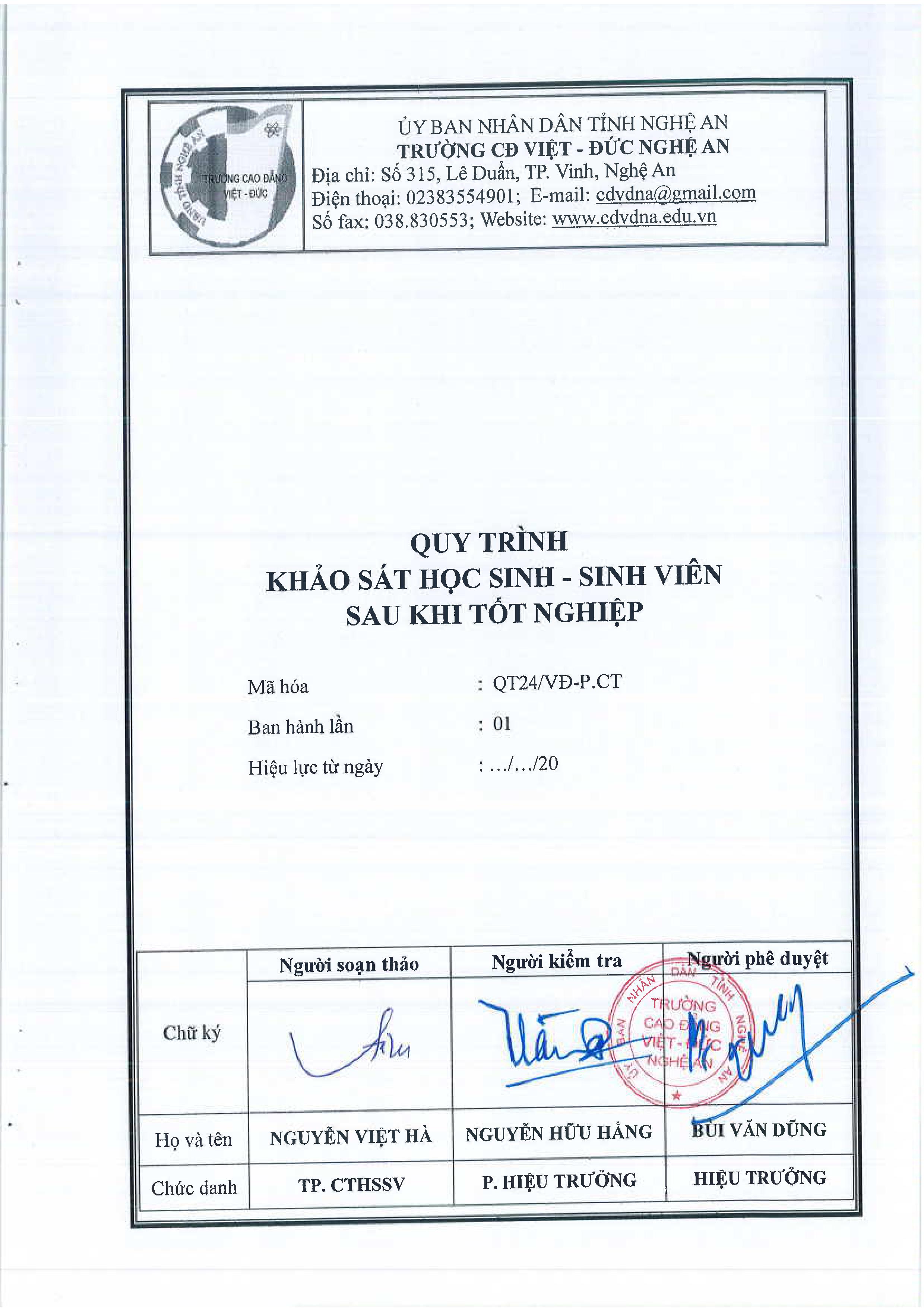  Quy trình khảo sát học sinh, sinh viên sau khi tốt nghiệp - QT24/VĐ-P.CT