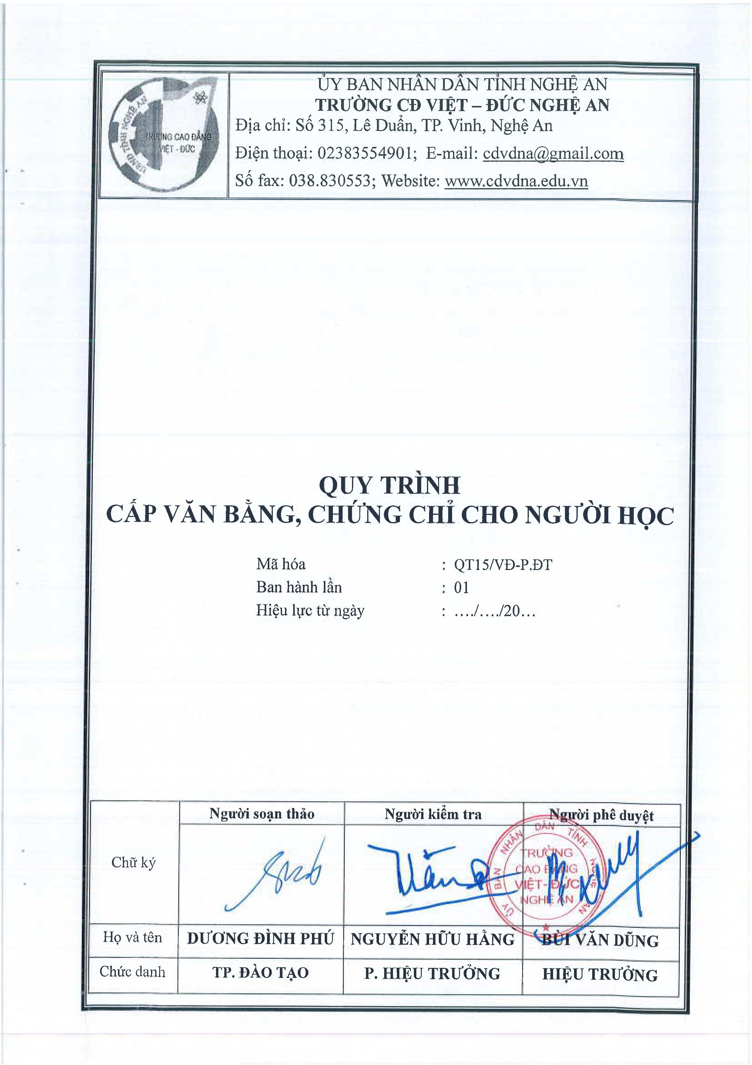 Quy trình cấp văn bằng, chứng chỉ cho người học - QT15/VĐ-P.ĐT