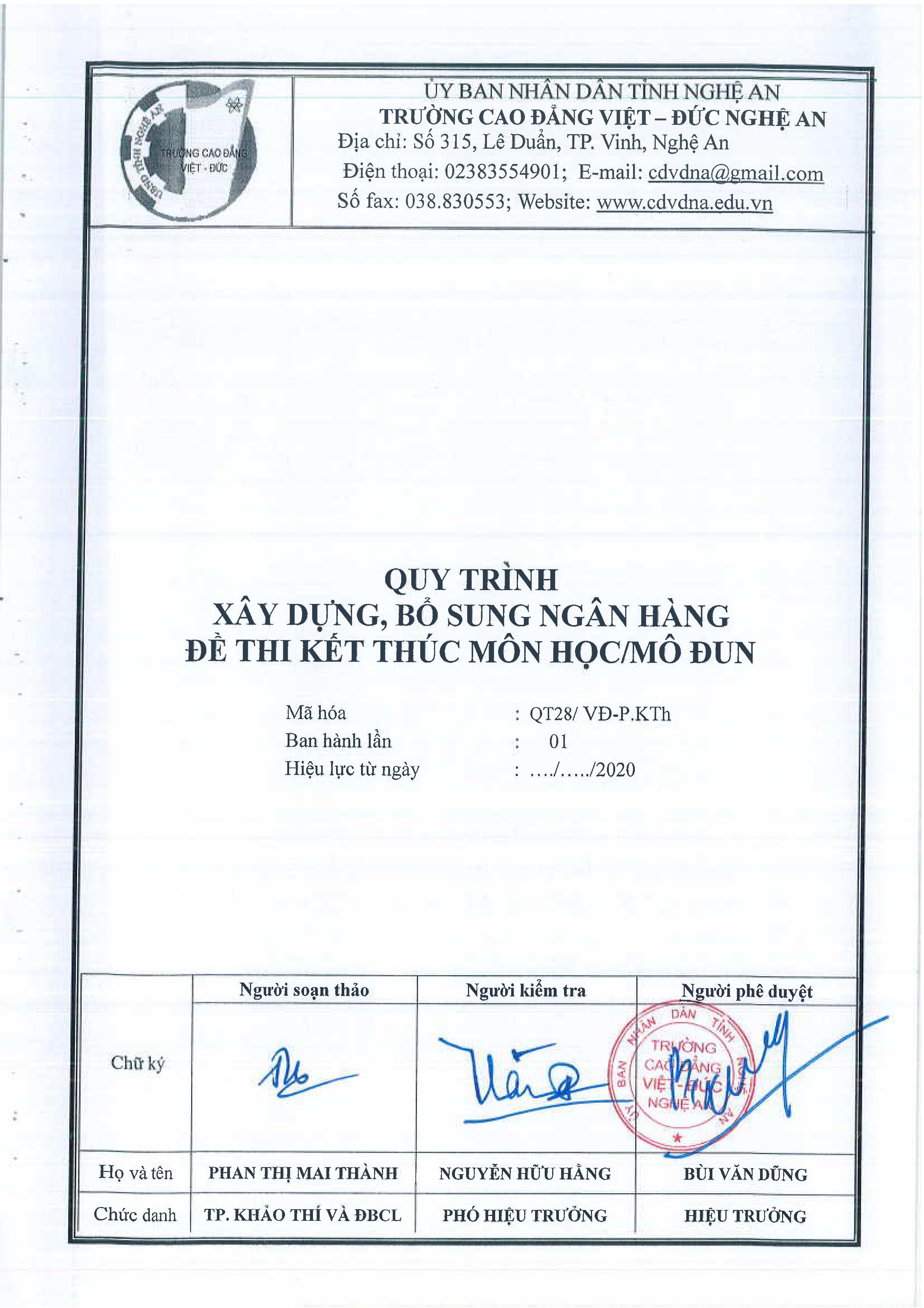 Quy trình xây dựng, bổ sung ngân hàng đề thi kết thúc môn học/mô đun - QT28/VĐ-P.KTh