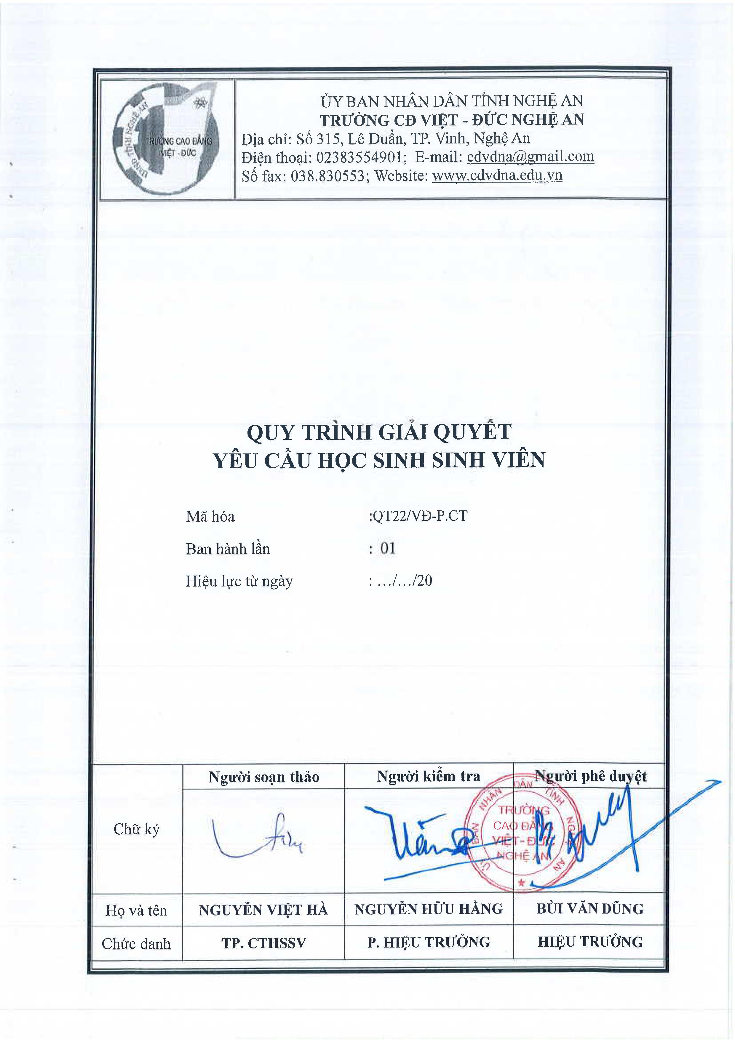 Quy trình giải quyết yêu cầu học sinh, sinh viên - QT22/VĐ-P.CT