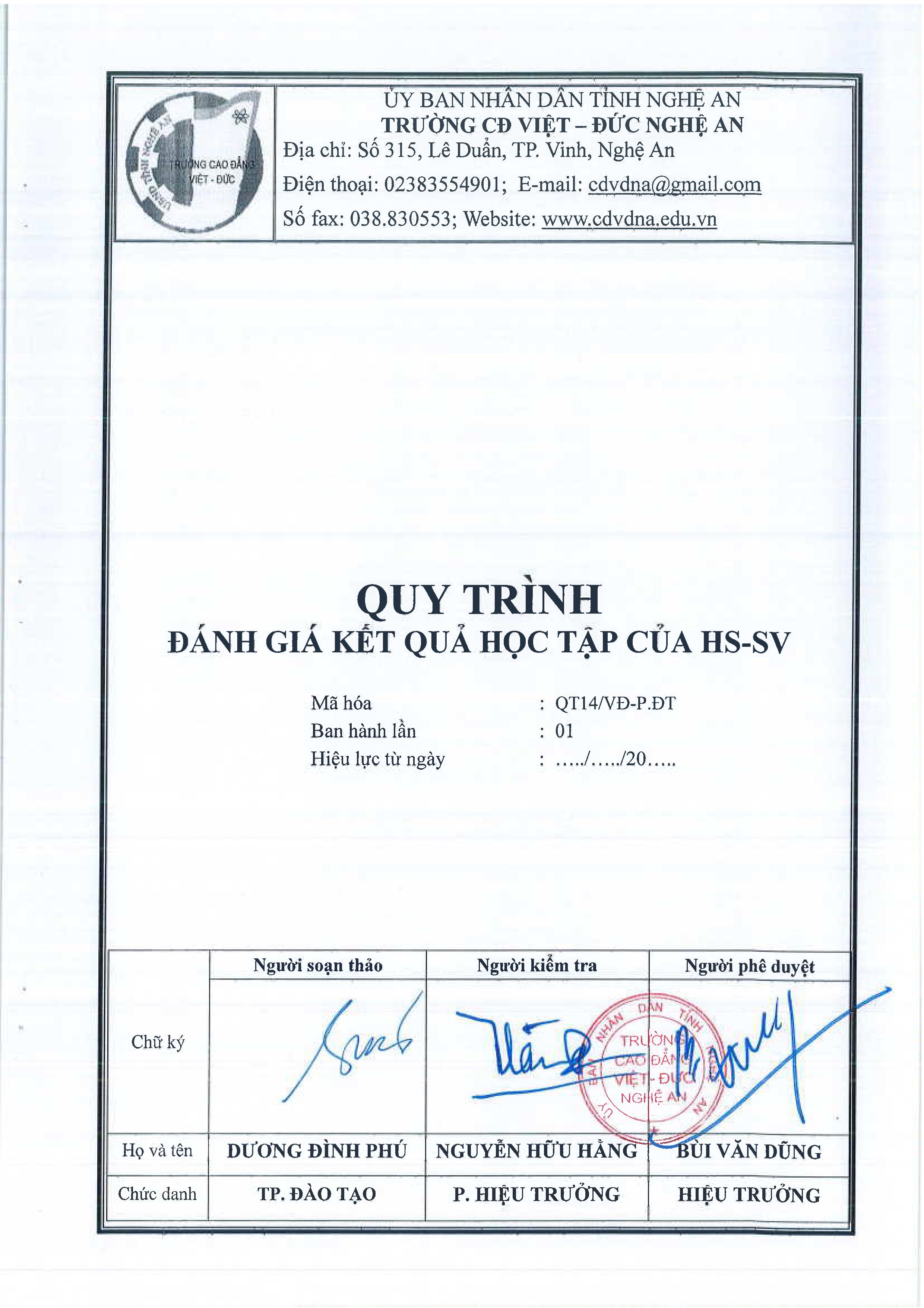 Quy trình đánh giá kết quả học tập của HS-SV - QT14/VĐ-P.ĐT