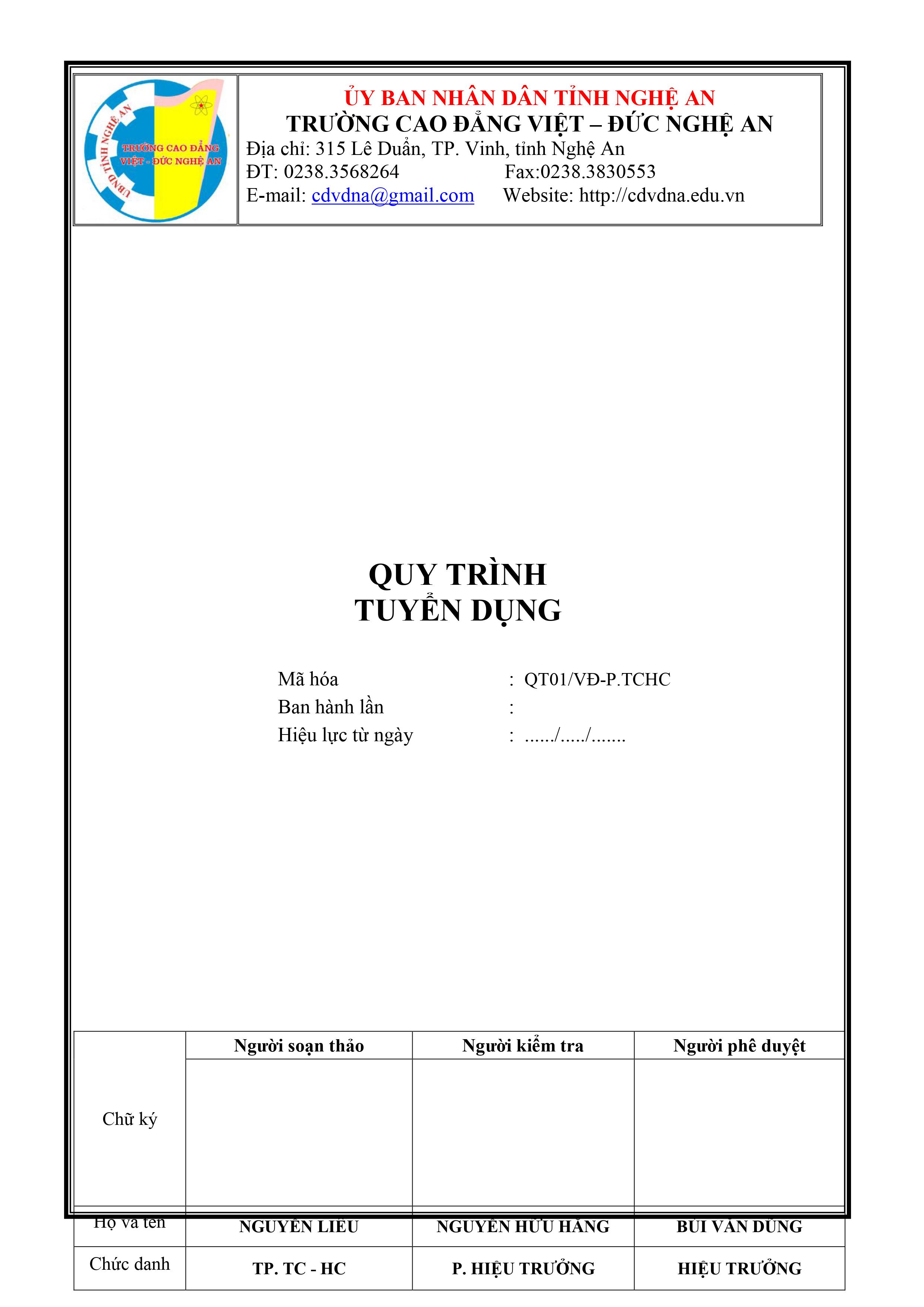 Quy trình tuyển dụng/QT.01.Tr.VĐ - TCHC