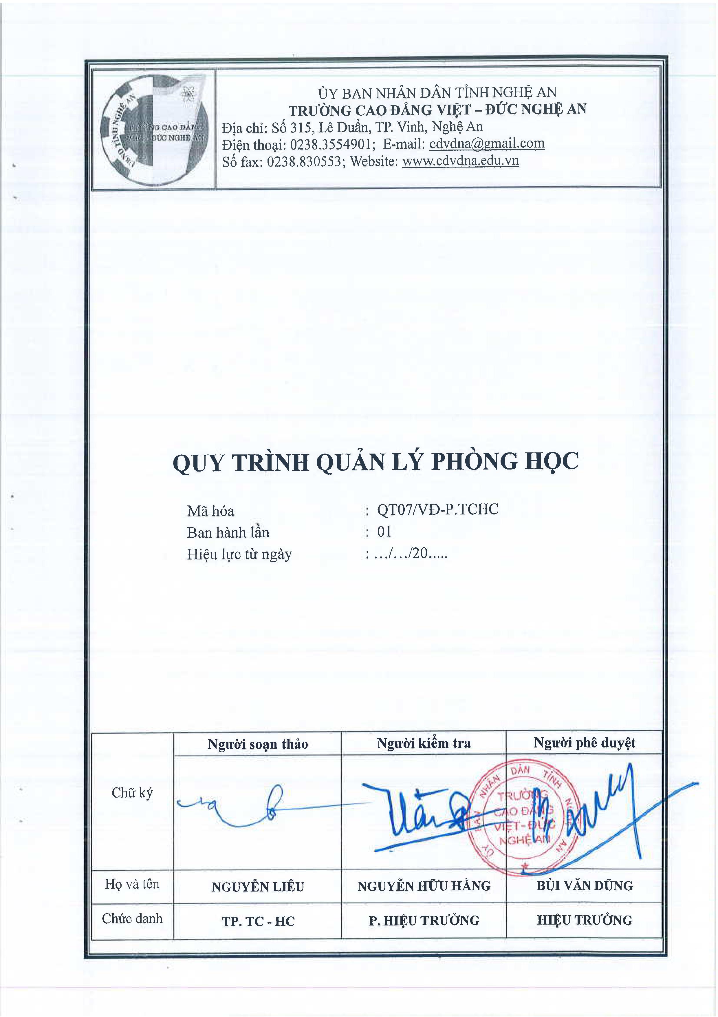 Quy trình quản lý phòng học - QT07/VĐ-P.TCHC