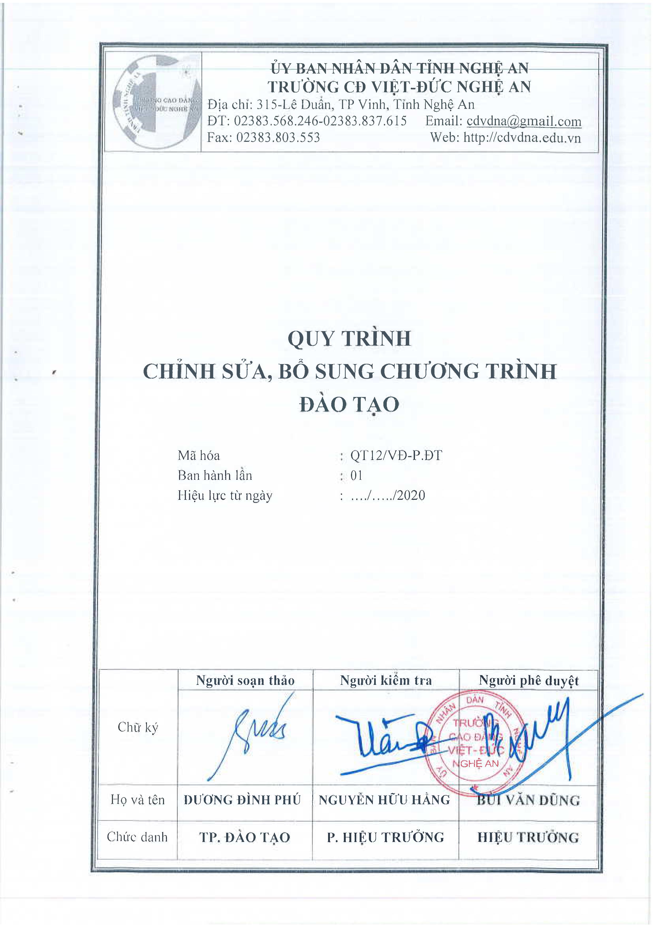 Quy trình chỉnh sửa, bổ sung chương trình đào tạo - QT12/VĐ-P.ĐT