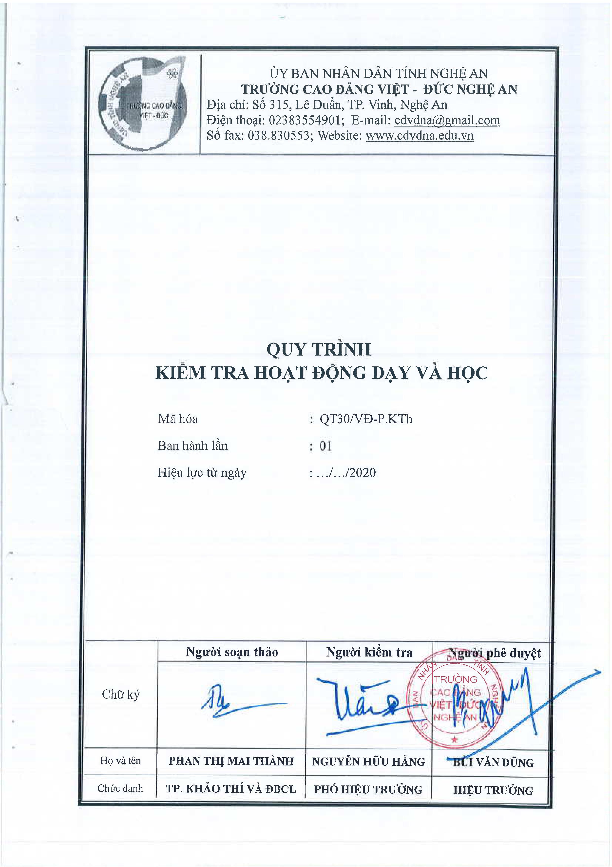 Quy trình kiểm tra hoạt động dạy và học - QT30/VĐ-P.KTh