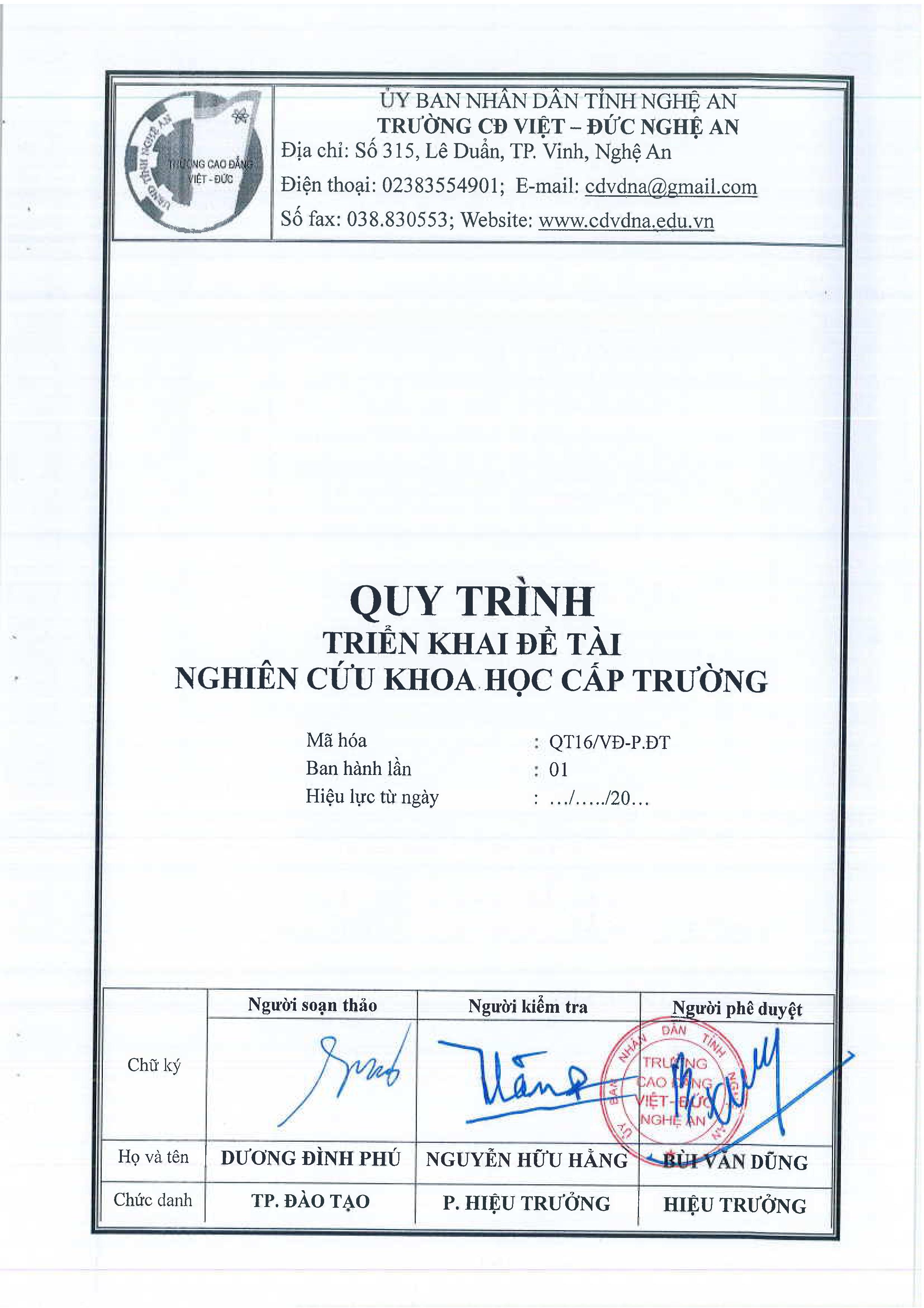 Quy trình triển khai đề tài nghiên cứu khoa học cấp trường - QT16/VĐ-P.ĐT