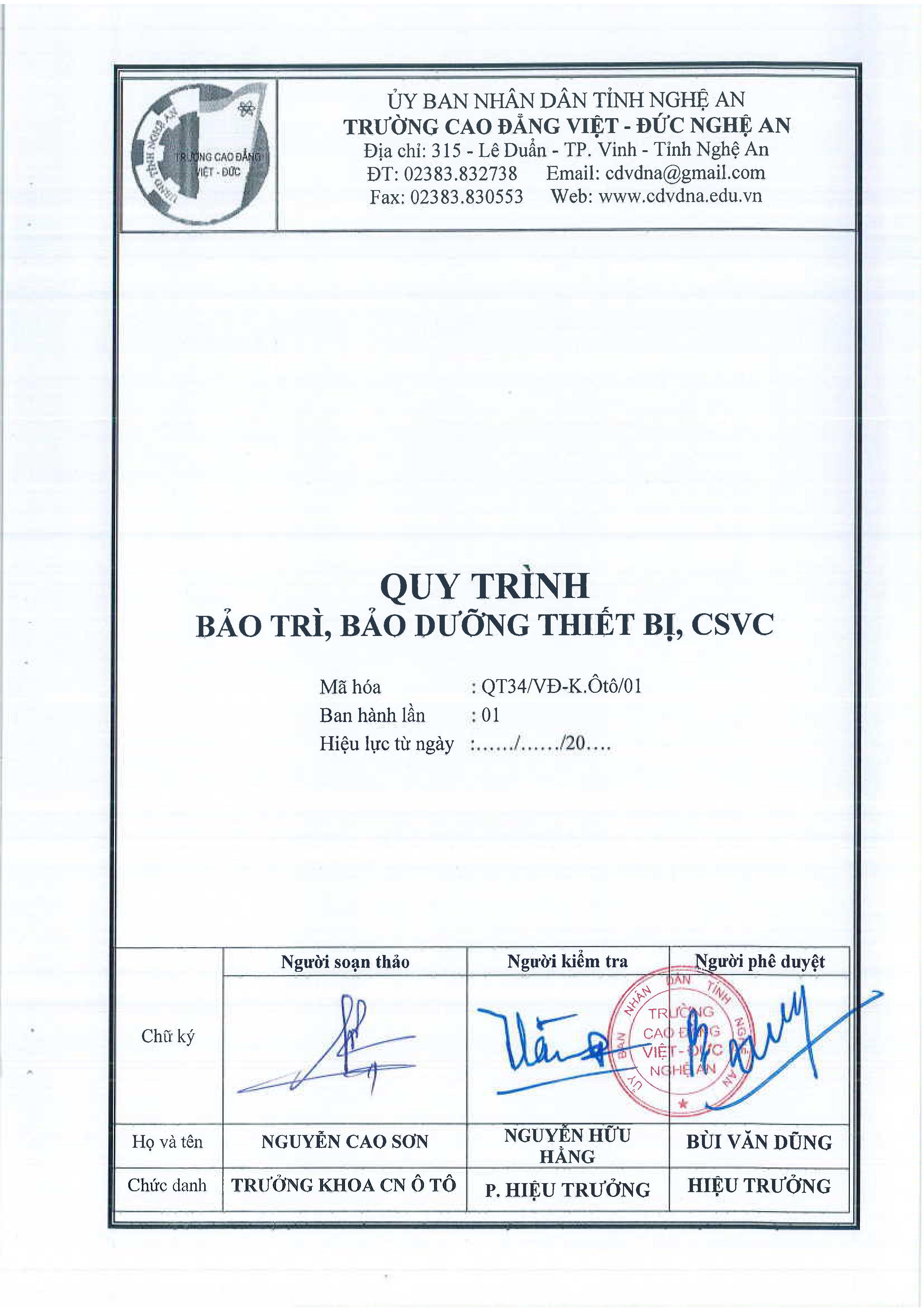 Quy trình bảo trì, bảo dưỡng thiết bị, CSVC - QT34/VĐ-K.Ôtô/01