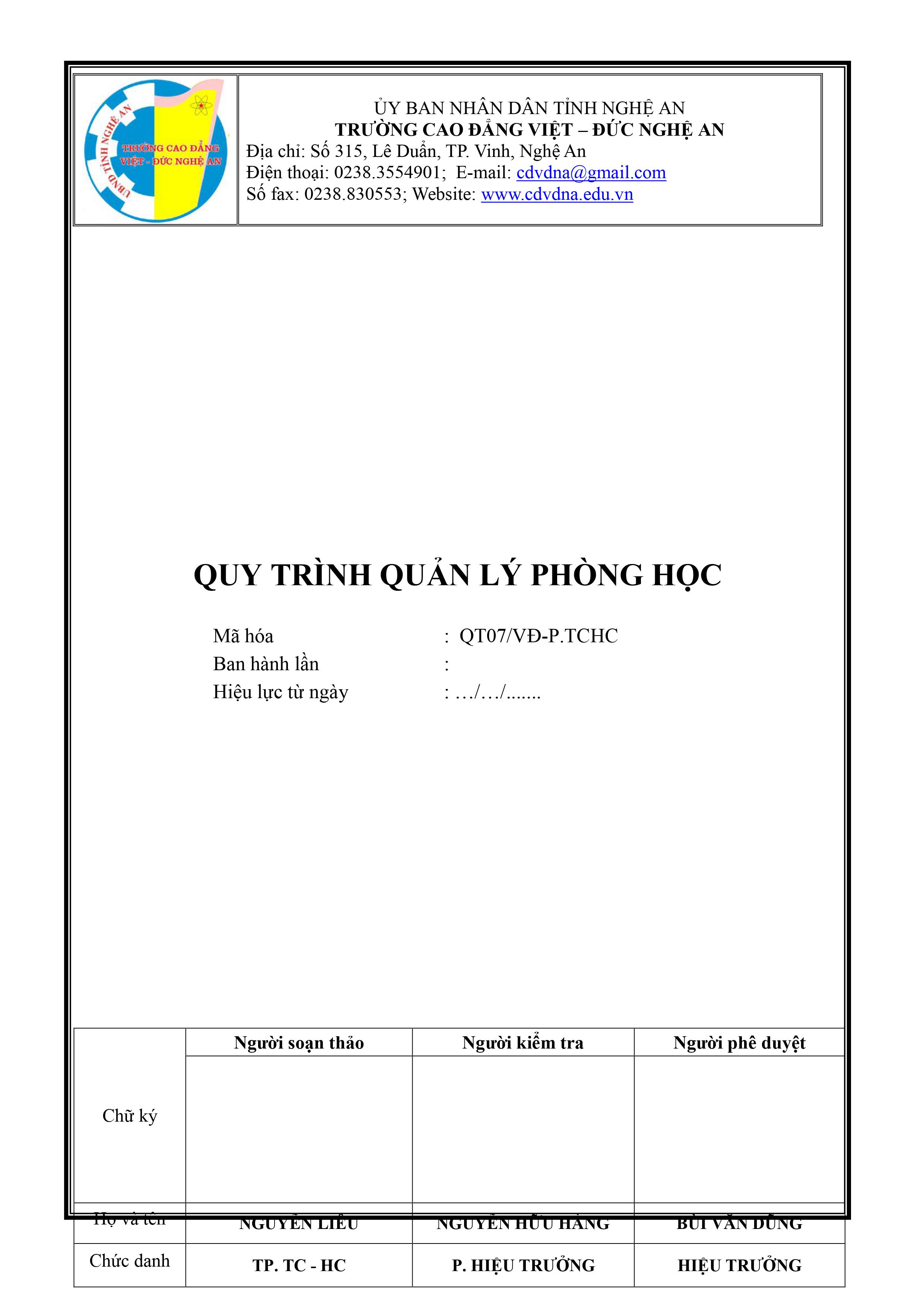 Quy trình quản lý phòng học - QT07/VĐ-P.TCHC
