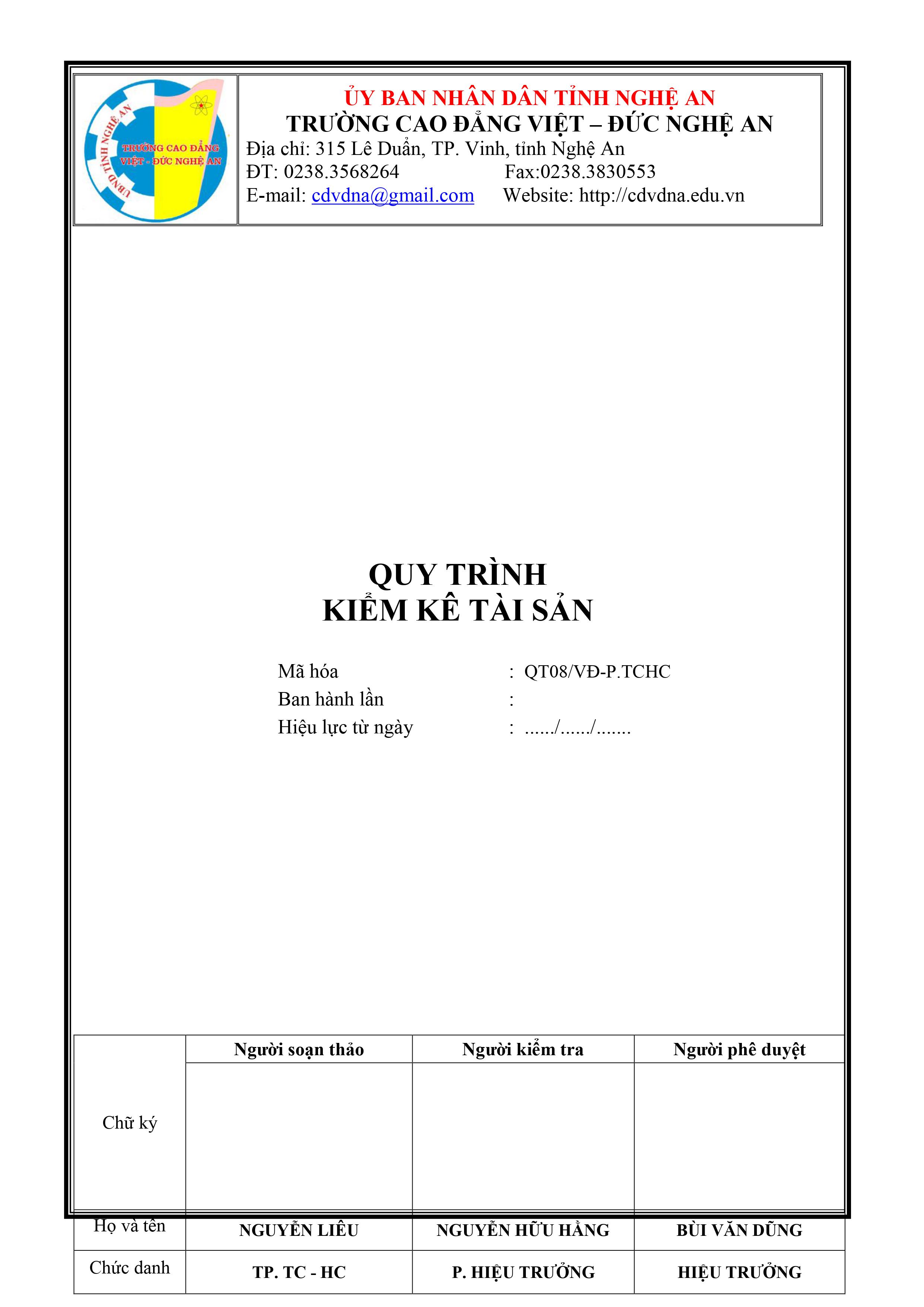 Quy trình kiểm kê tài sản - QT08/VĐ-P.TCHC