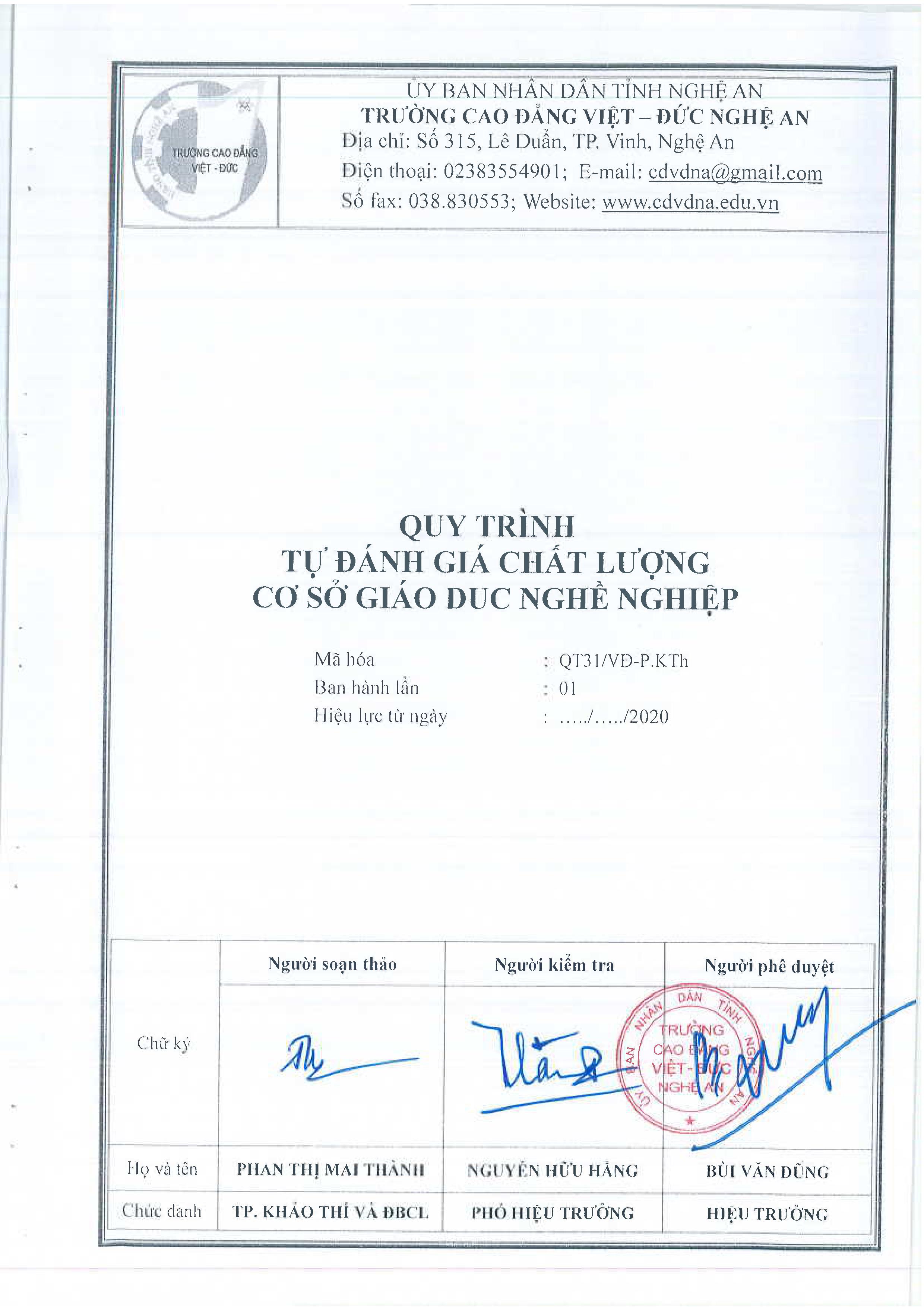 Quy trình tự đánh giá chất lượng cơ sở giáo dục nghề nghiệp - QT31/VĐ-P.KTh
