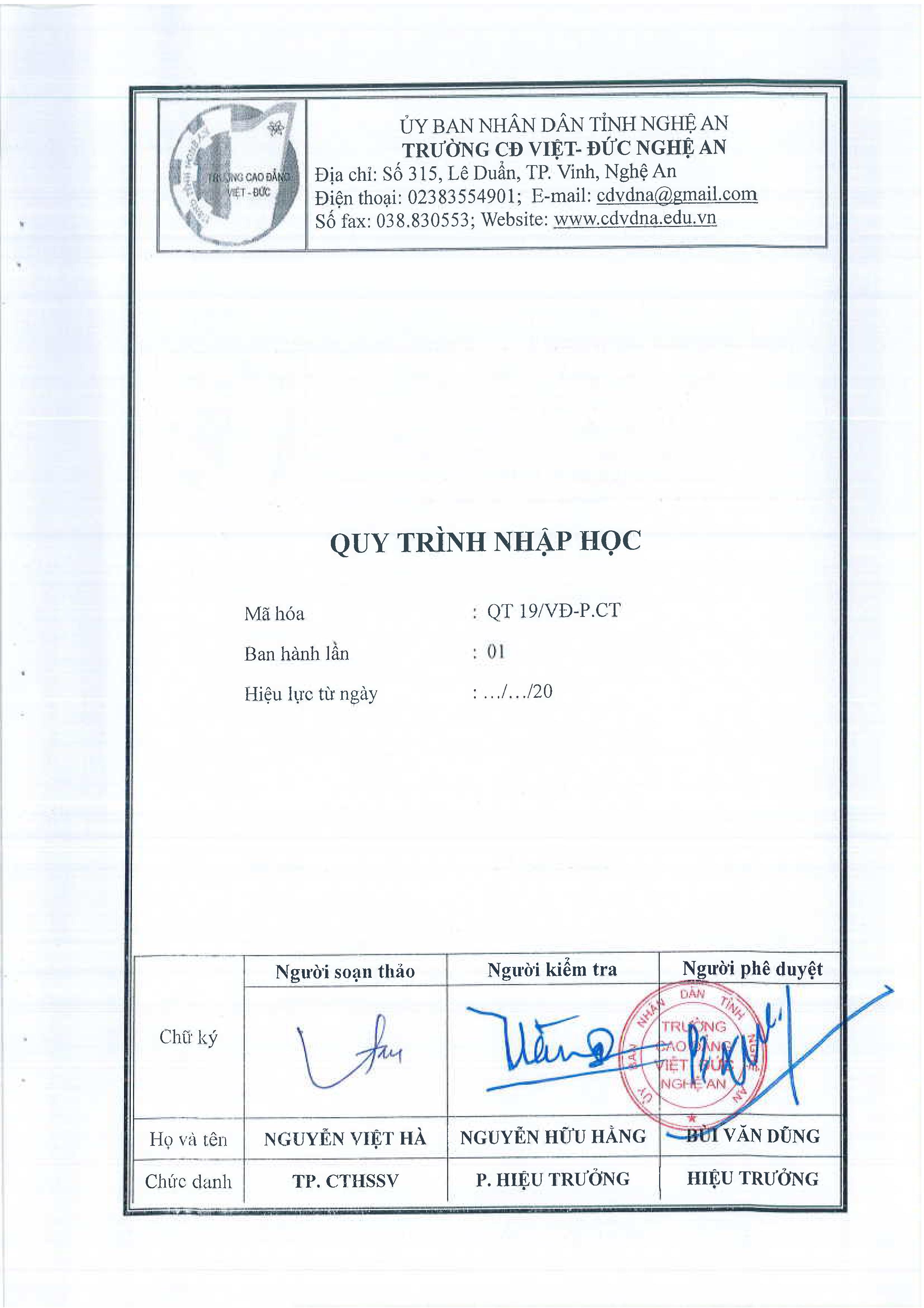 Quy trình nhập học - QT19/VĐ-P.CT