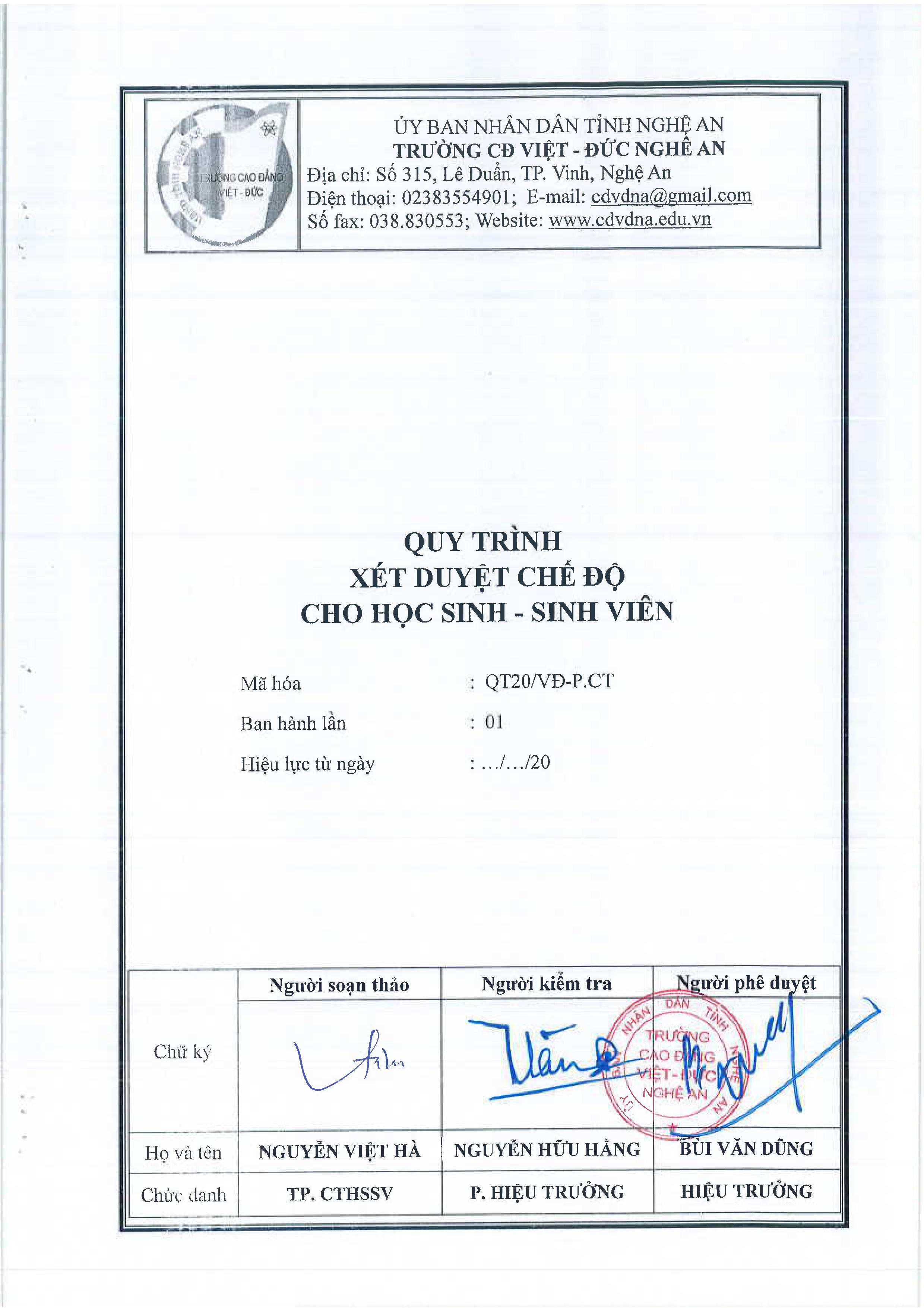 Quy trình xét duyệt chế độ cho học sinh, sinh viên - QT20/VĐ-P.CT