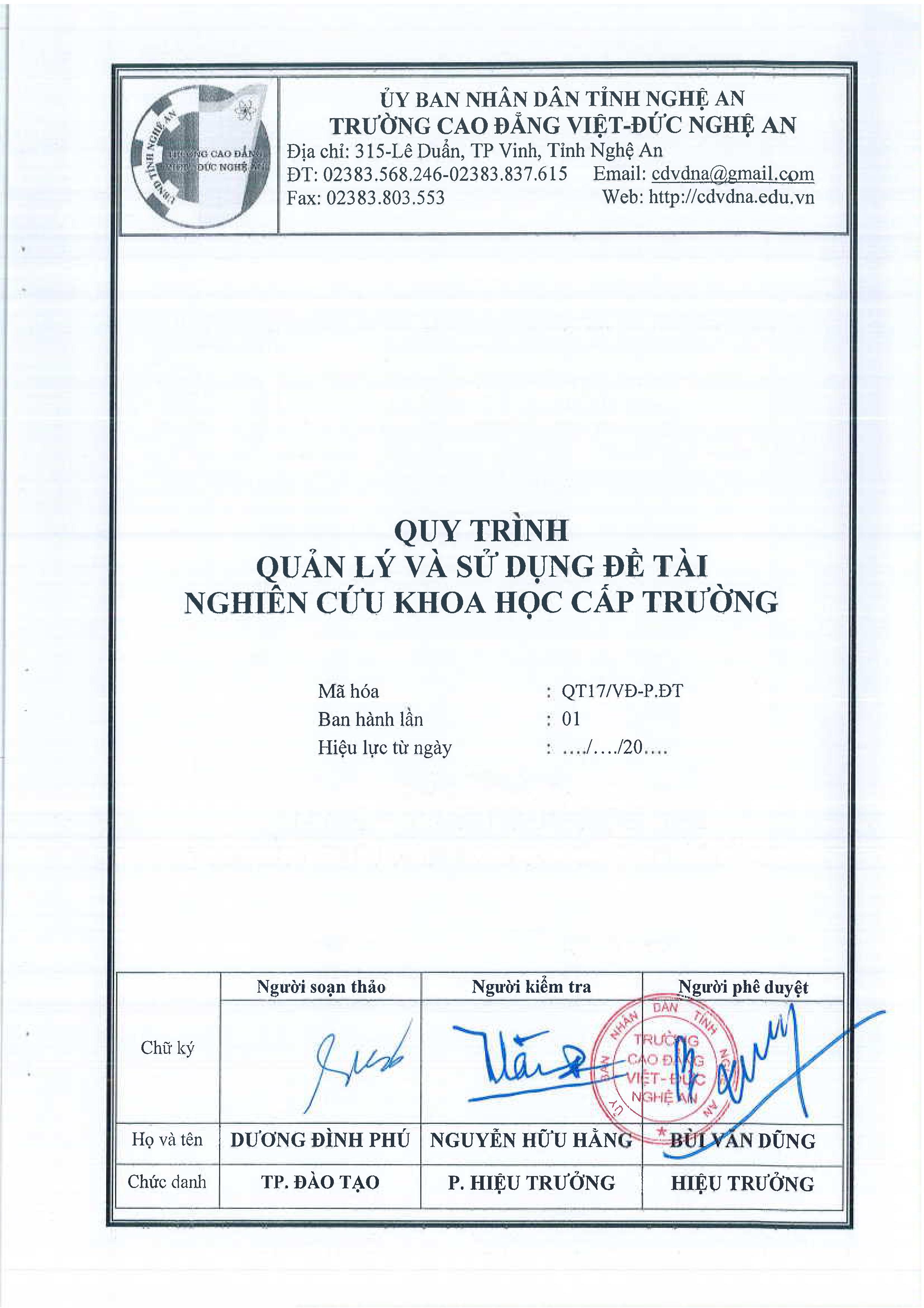 Quy trình quản lý và sử dụng đề tài nghiên cứu khoa học cấp trường - QT17/VĐ-P.ĐT