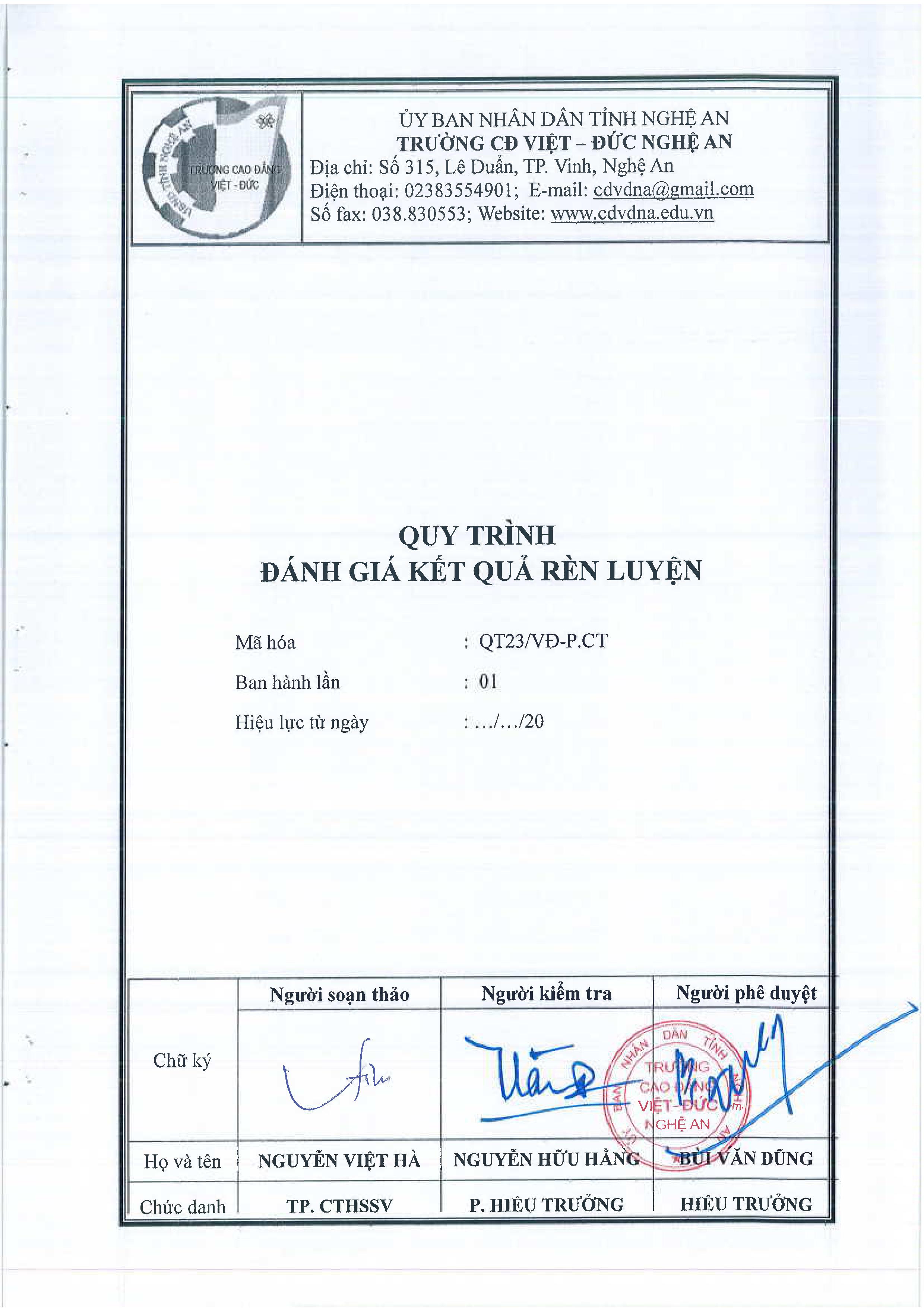 Quy trình đánh giá kết quả rèn luyện - QT23/VĐ-P.CT