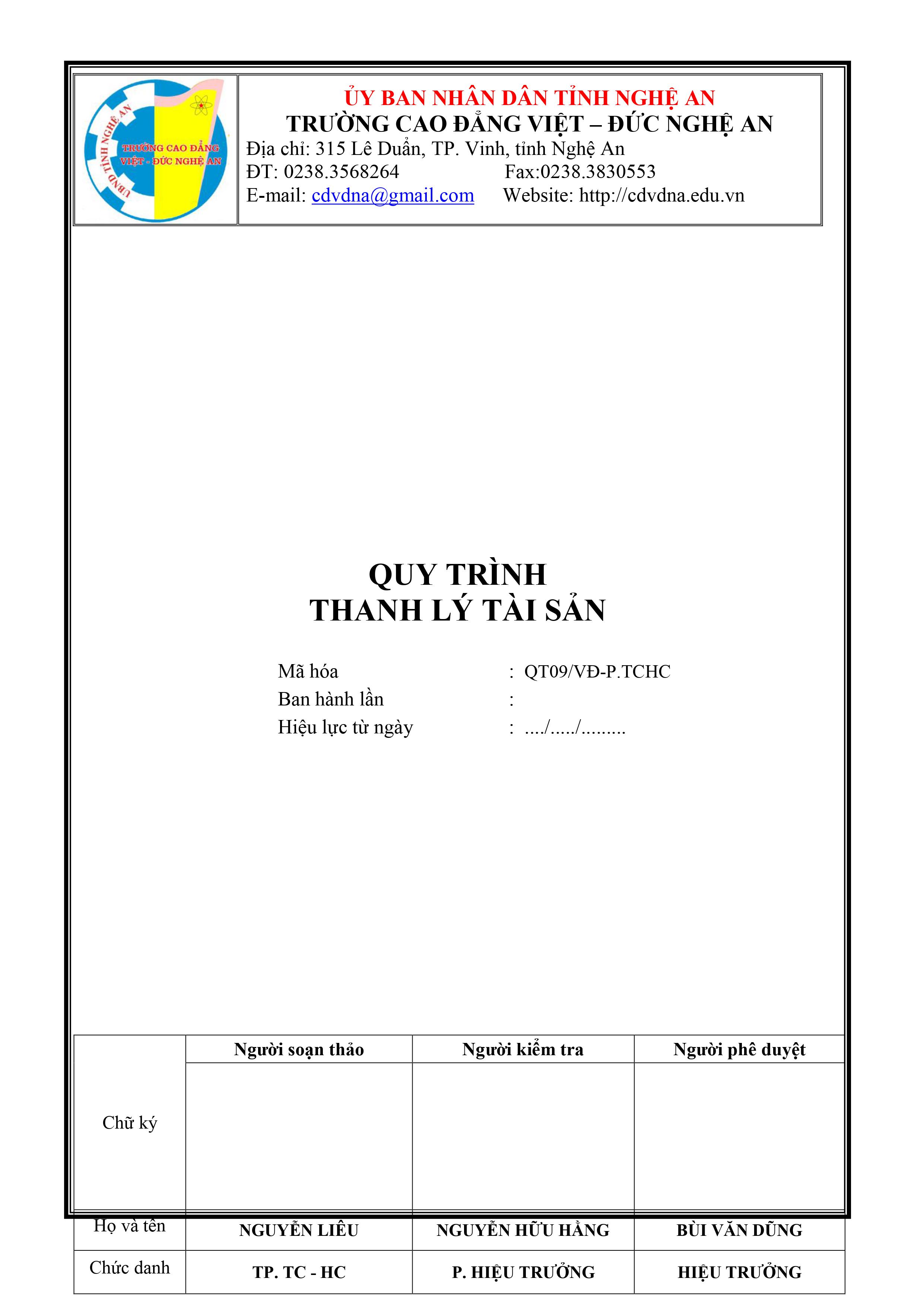 Quy trình thanh lý tài sản - QT09/VĐ-P.TCHC