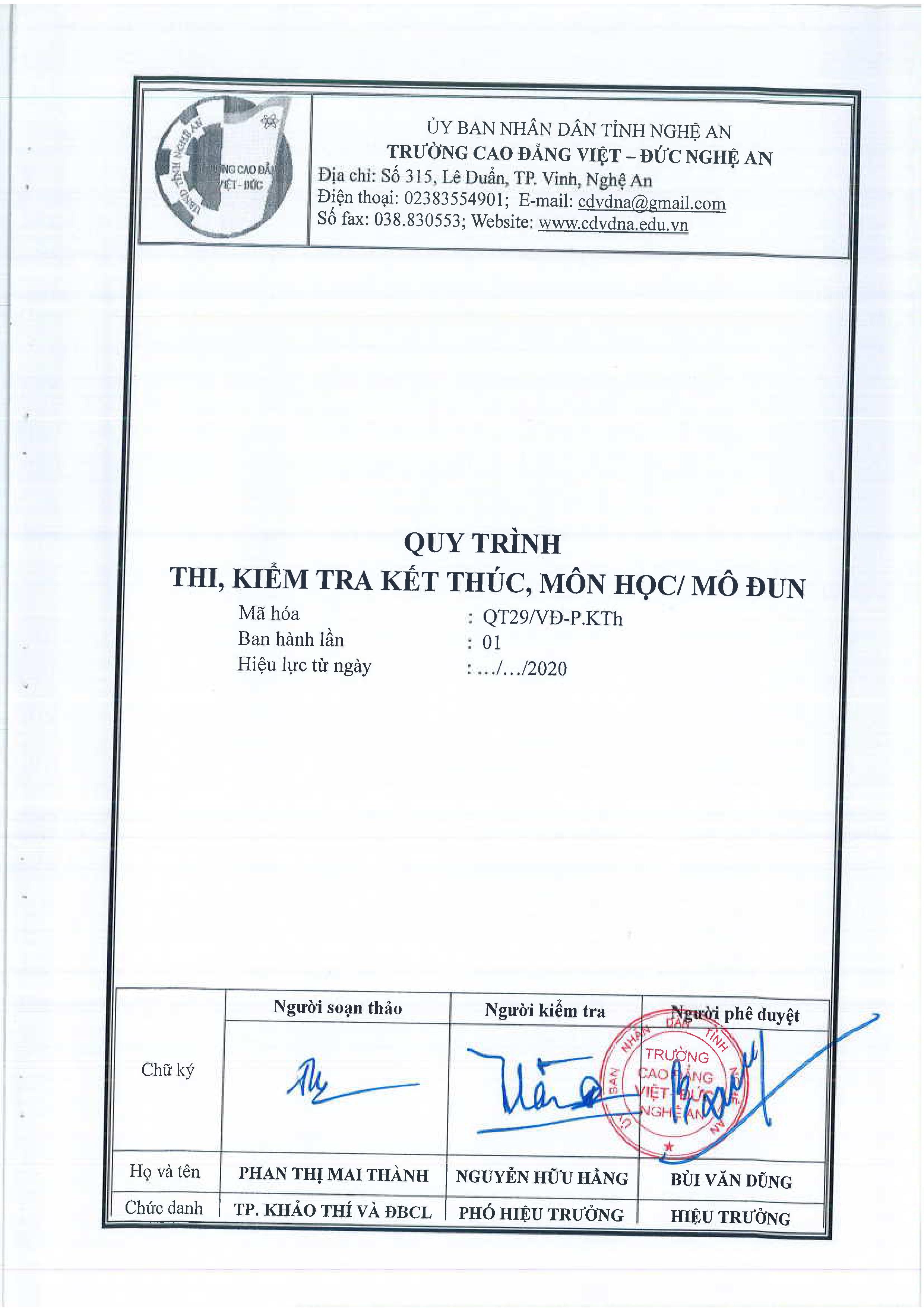 Quy trình thi, kiểm tra kết thúc môn học/mô đun - QT29/VĐ-P.KTh