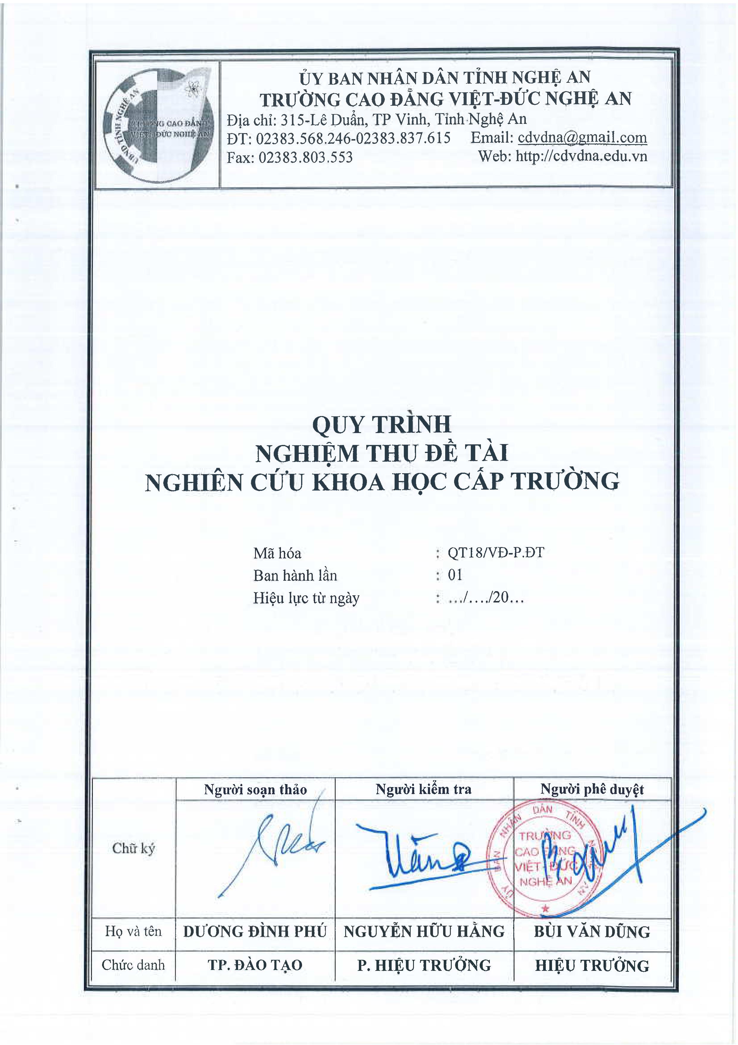Quy trình nghiệm thu đề tài nghiên cứu khoa học cấp trường - QT18/VĐ-P.ĐT