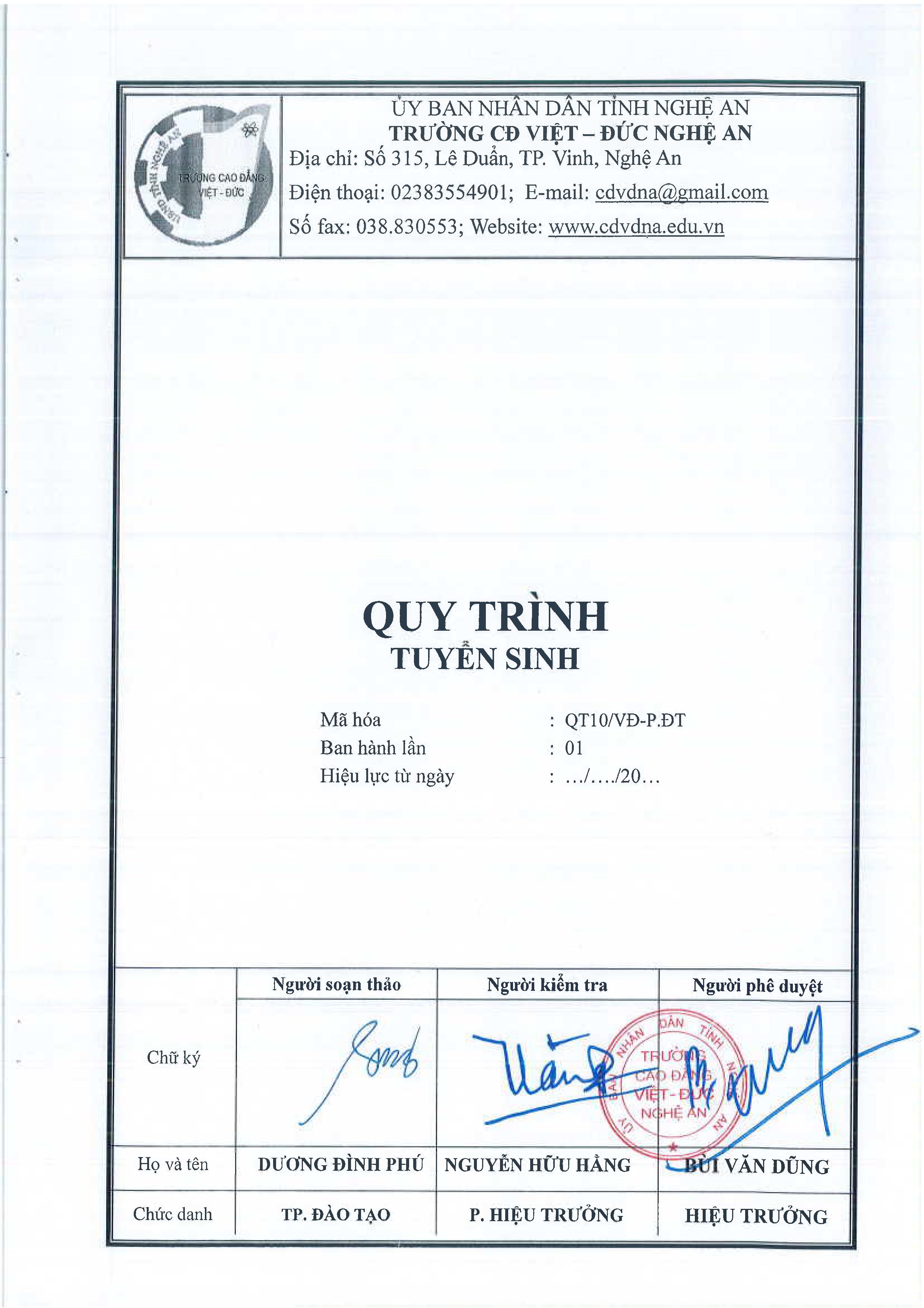 Quy trình tuyển sinh - QT10/VĐ-P.ĐT