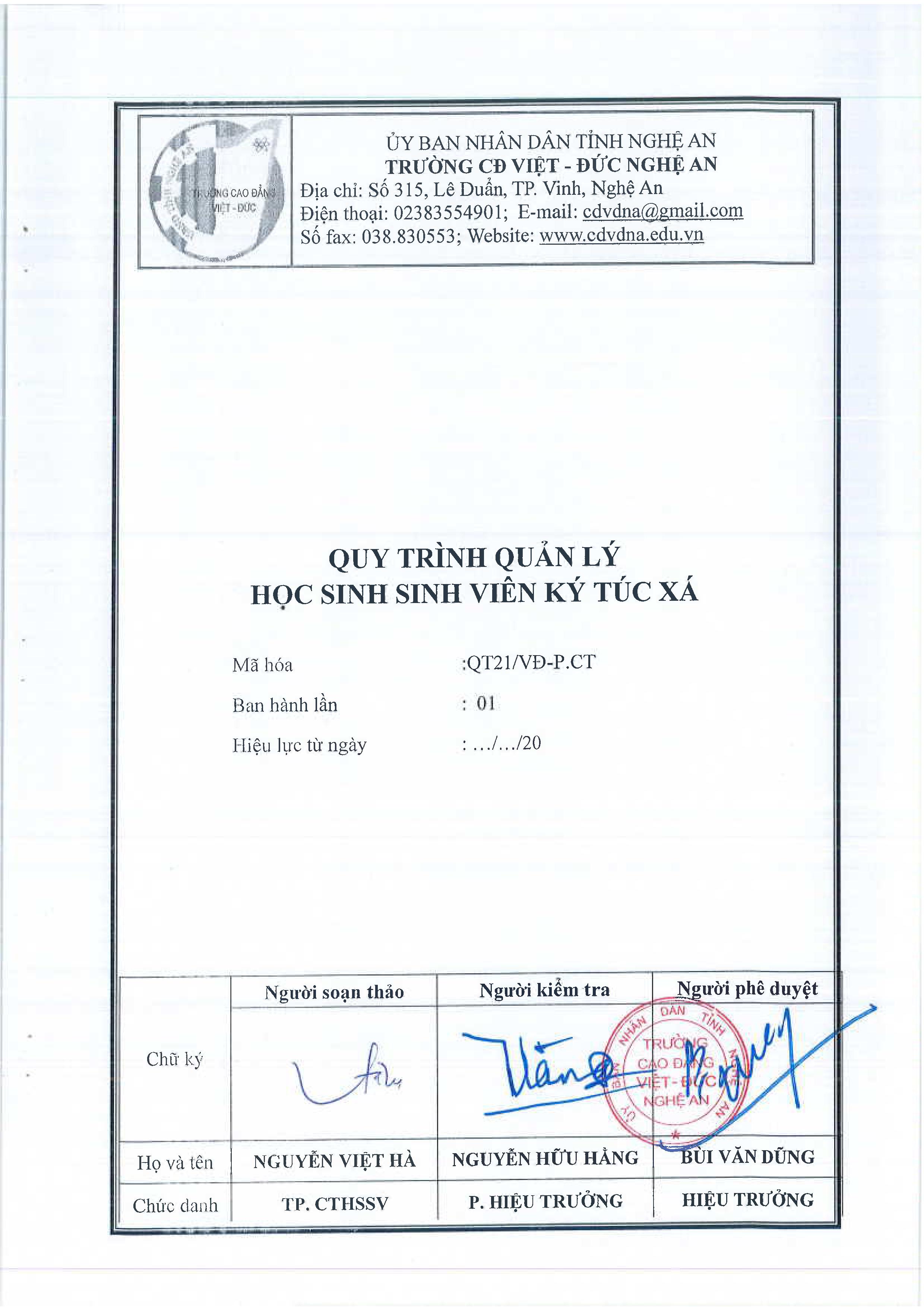 Quy trình quản lý học sinh, sinh viên Ký túc xá - QT21/VĐ-P.CT