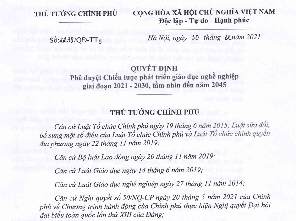 THỦ TƯỚNG CHÍNH PHỦ BAN HÀNH QUYẾT ĐỊNH VỀ CHIẾN LƯỢC PHÁT TRIỂN GIÁO DỤC NGHỀ NGHIỆP GIAI ĐOẠN 2021-2030, TÀM NHÌN ĐẾN NĂM 2045
