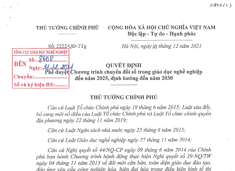 THỦ TƯỚNG CHÍNH PHỦ PHÊ DUYỆT CHƯƠNG TRÌNH CHUYỂN ĐỔI SỐ TRONG GIÁO DỤC NGHỀ NGHIỆP
