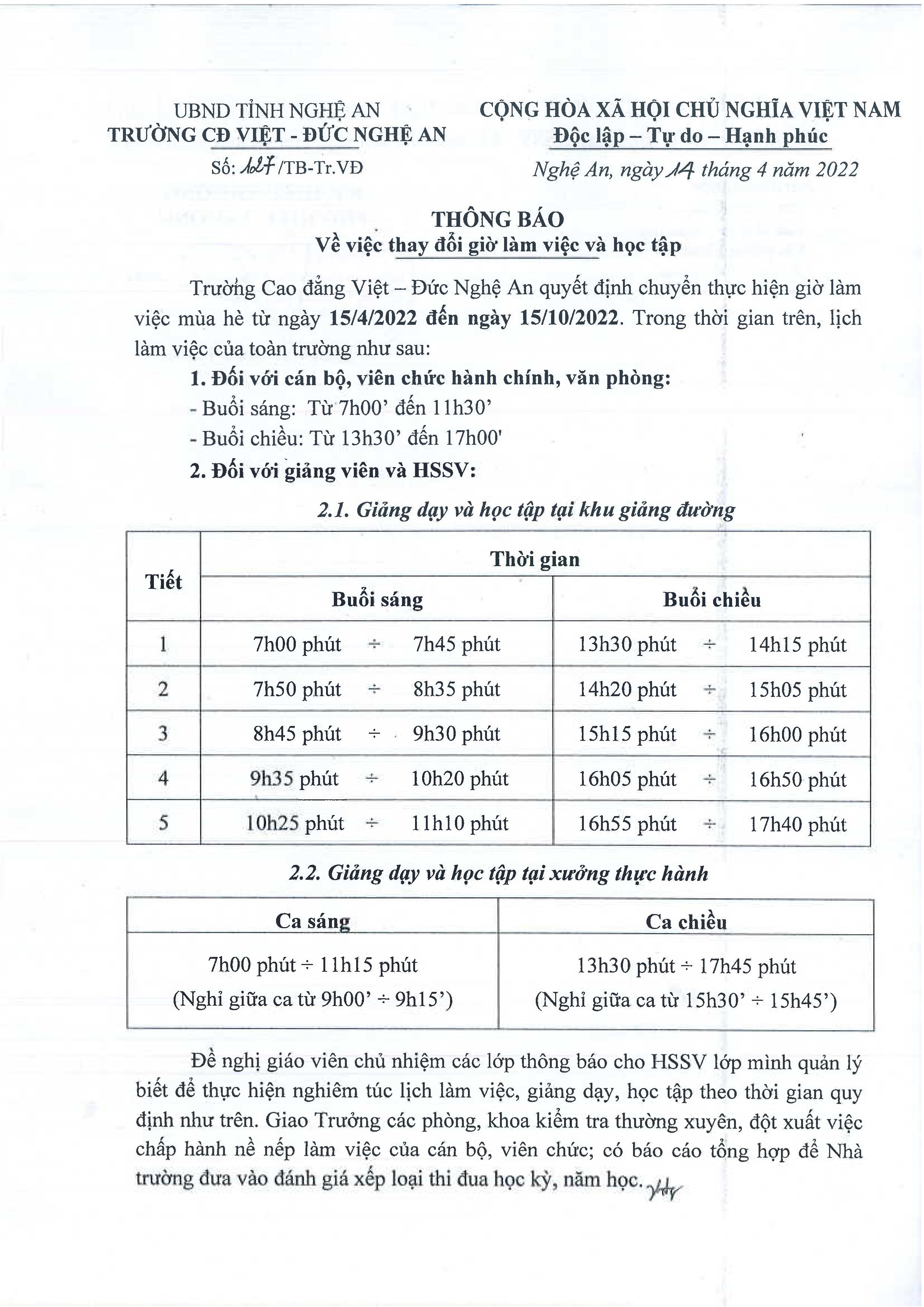 Thông báo số 127/TB-Tr.VĐ ngày 14/4/2022 của Trường Cao đẳng Việt - Đức Nghệ An về việc thay đổi giờ làm việc và học tập