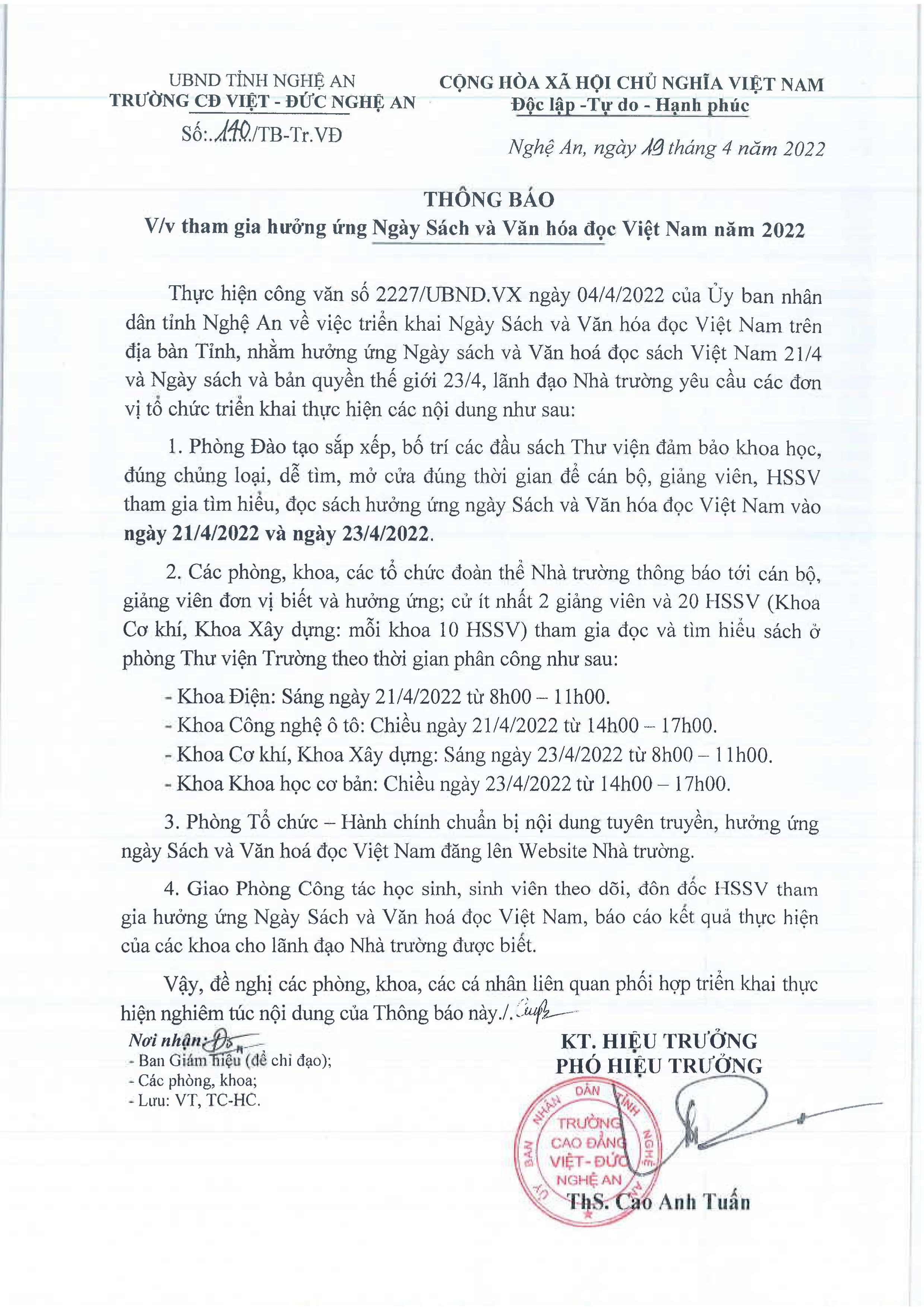 Thông báo số 140/TB-Tr.VĐ ngày 19/4/2022 của Trường Cao đẳng Việt - Đức Nghệ An về việc tham gia hưởng ứng Ngày sách và Văn hóa đọc Việt Nam năm 2022