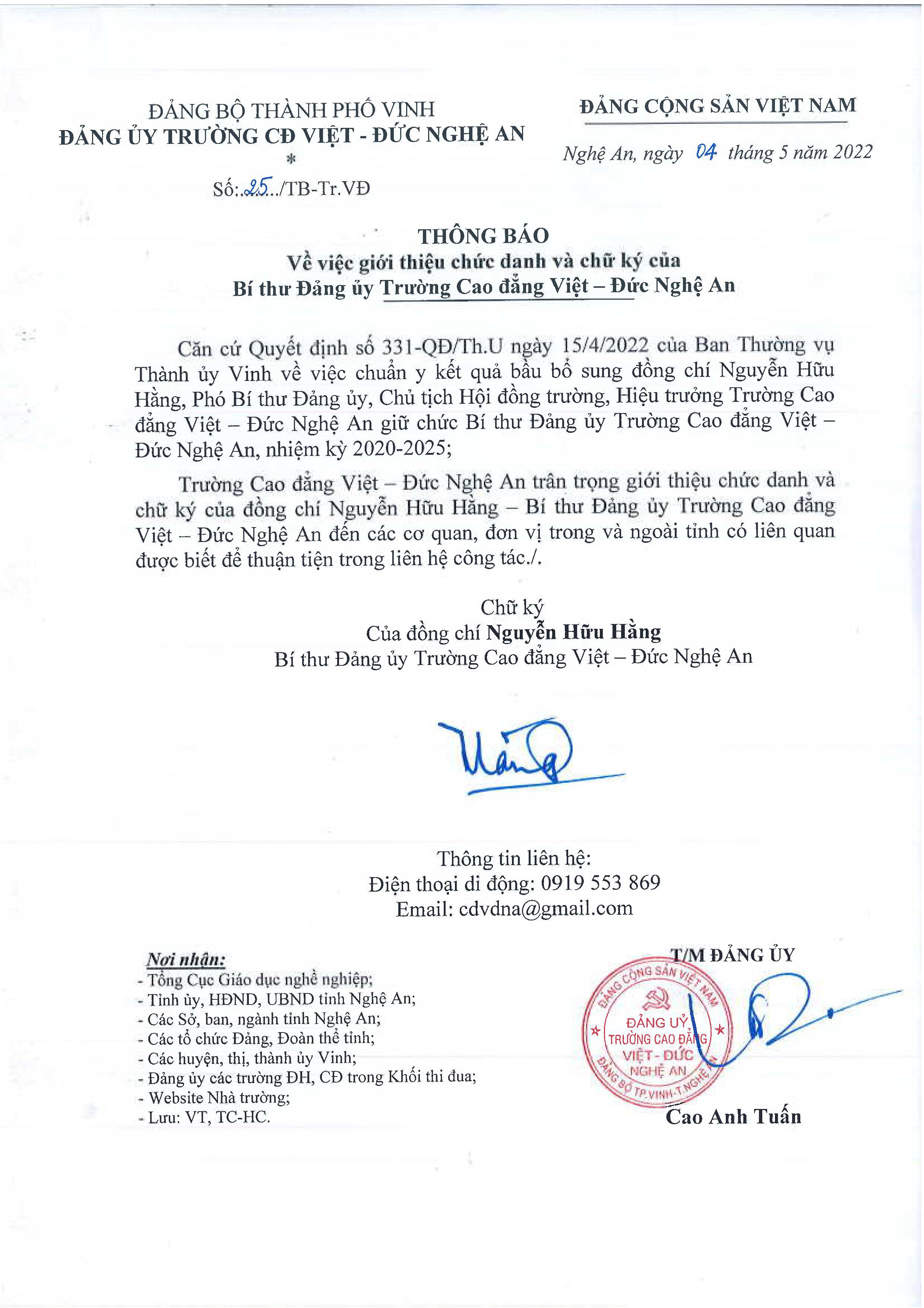 Thông báo số 25/TB-Tr.VĐ ngày 04/5/2022 của Đảng ủy Trường Cao đẳng Việt - Đức Nghệ An về việc giới thiệu chức danh và chữ ký của Bí thư Đảng ủy Trường Cao đẳng Việt - Đức Nghệ An