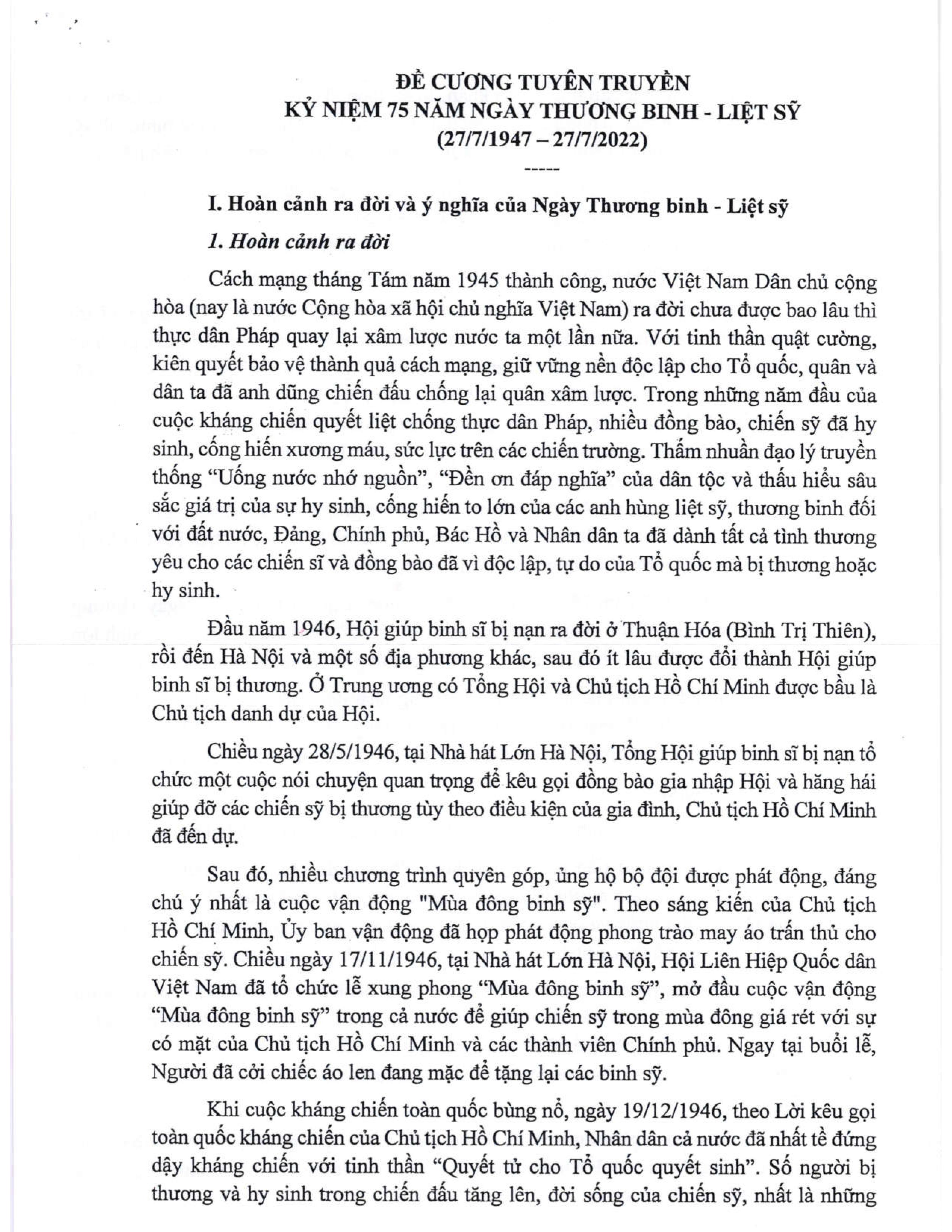 Đề cương tuyên truyền Kỷ niệm 75 năm Ngày Thương binh - Liệt sỹ (27/7/1947 - 27/7/2022)