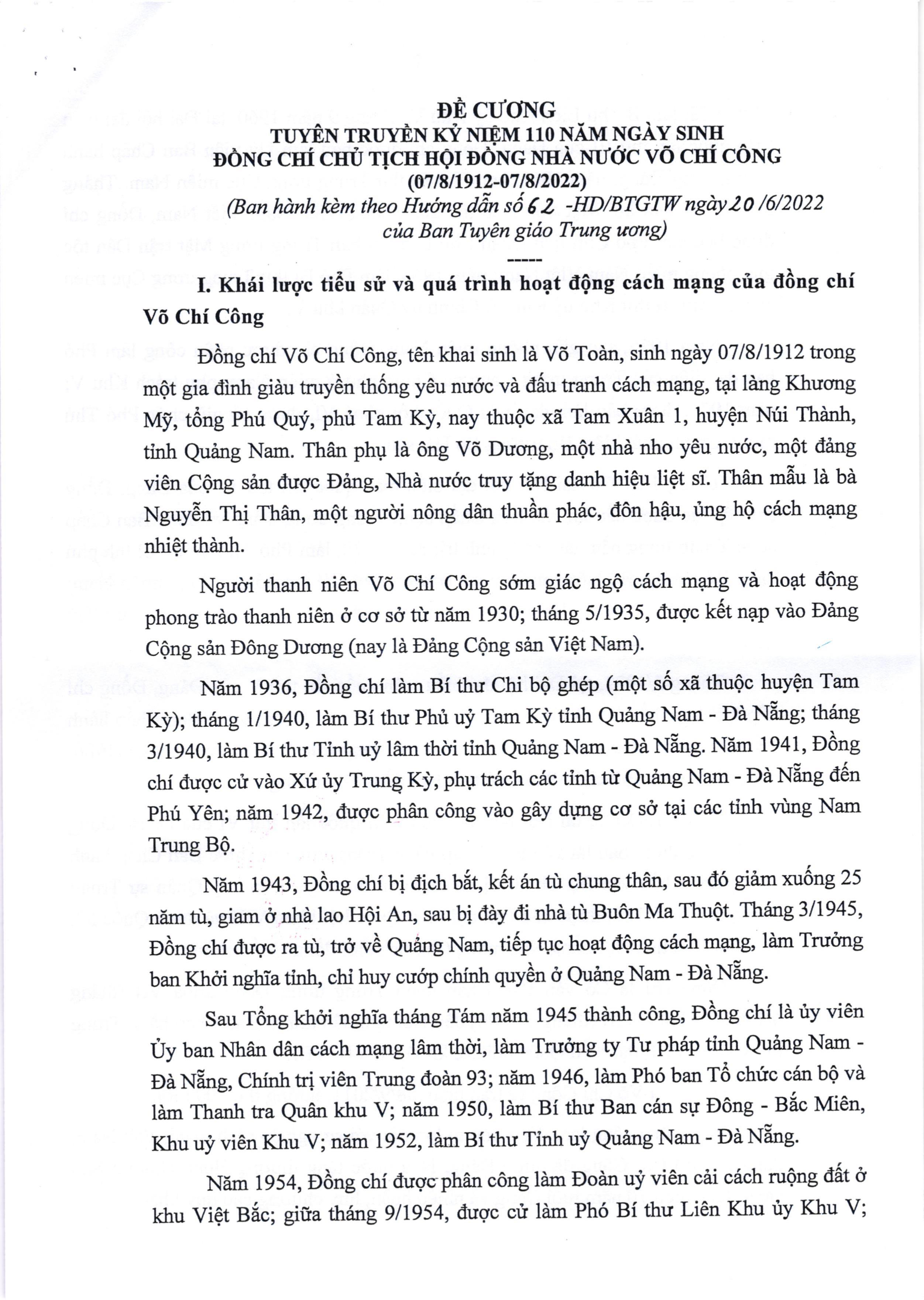 Đề cương tuyên truyền kỷ niệm 110 năm Ngày sinh đồng chí Chủ tịch Hội đồng Nhà nước Võ Chí Công (07/8/1912 - 07/8/2022)