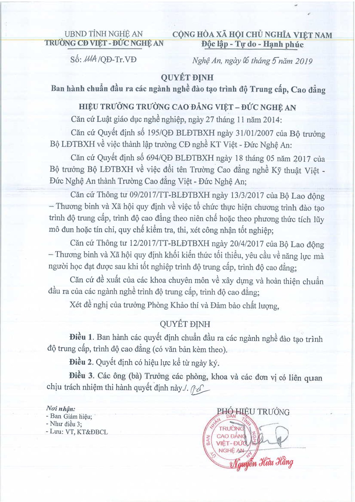 Ban hành chuẩn đầu ra các ngành nghề đào tạo trình độ Trung cấp, Cao đẳng
