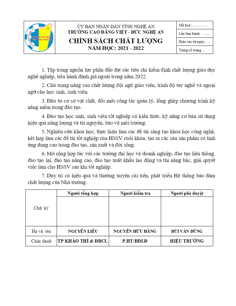 Chính sách chất lượng các năm học 2019 - 2020, 2020 - 2021, 2021 - 2022
