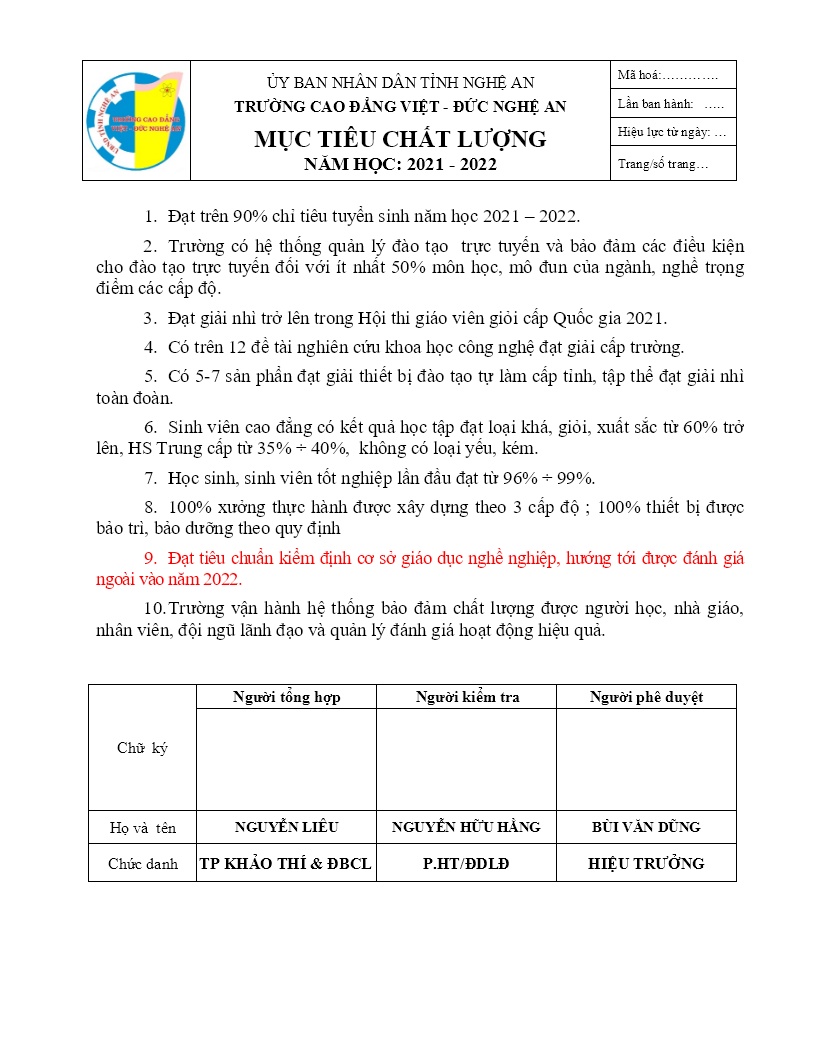 Mục tiêu chất lượng các năm học 2019 - 2020, 2020 - 2021, 2021 - 2022