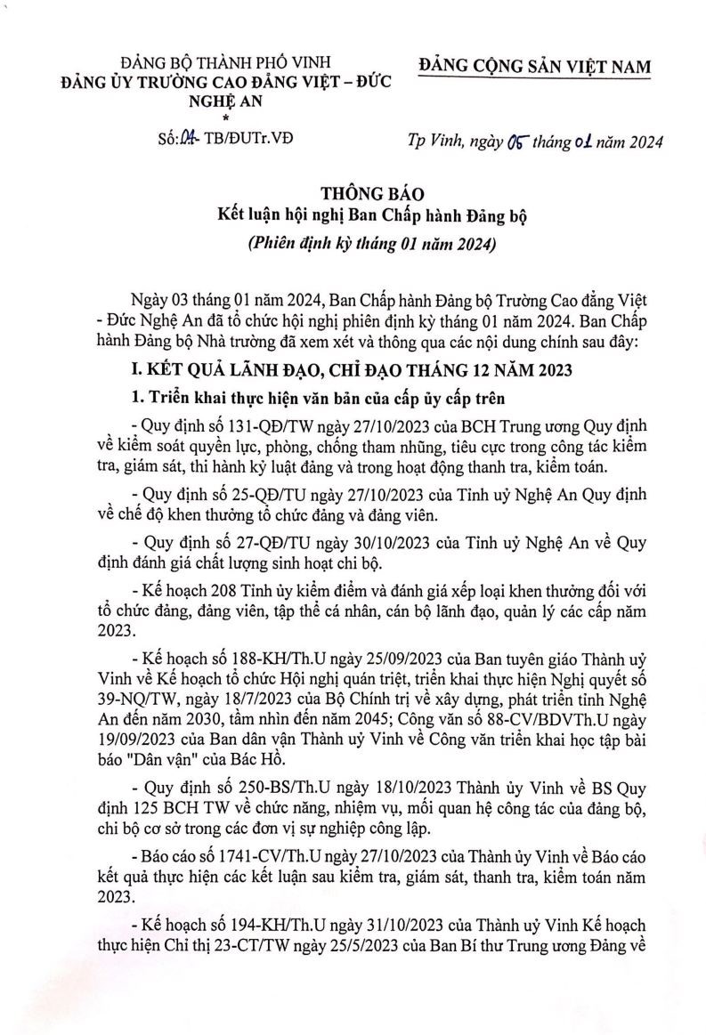 Thông báo kết luận Hội nghị Ban Chấp hành Đảng bộ (Phiên định kỳ tháng 01 năm 2024)